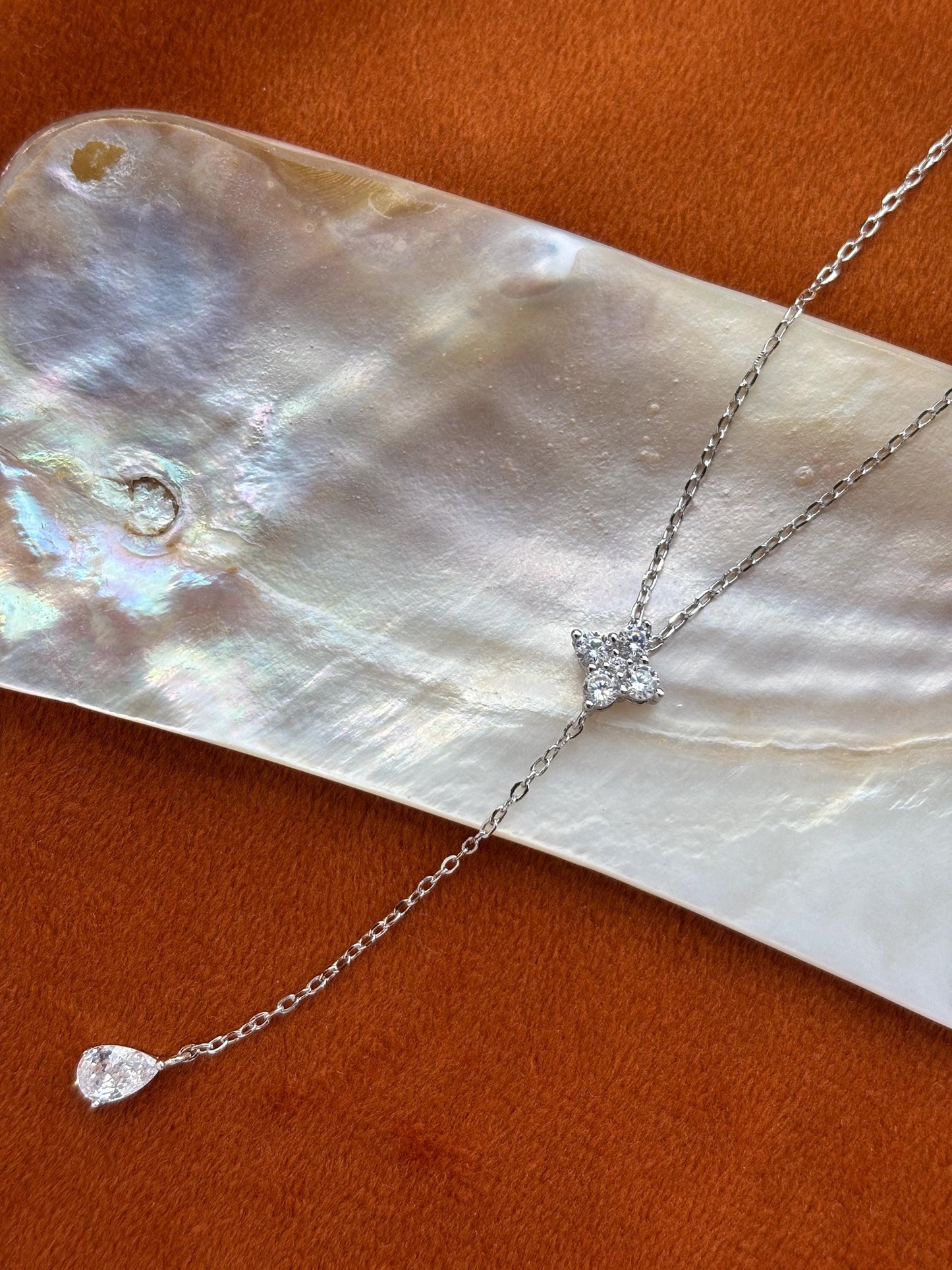 Dainty Clover Y Shaped Lariat Necklace, Gold Plated Silver Four Leaf Flower Clavicle Chain Necklace Jewelry, Elegant Bead Pendant Jewellery