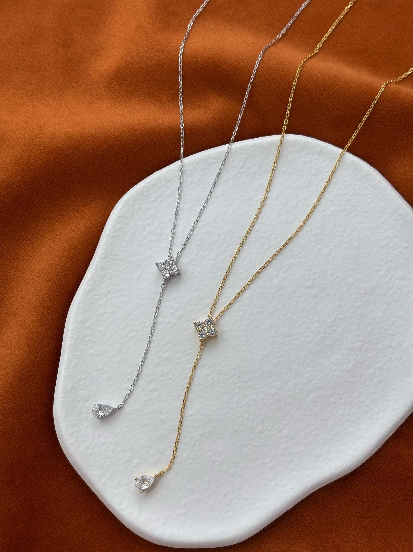 Dainty Clover Y Shaped Lariat Necklace, Gold Plated Silver Four Leaf Flower Clavicle Chain Necklace Jewelry, Elegant Bead Pendant Jewellery