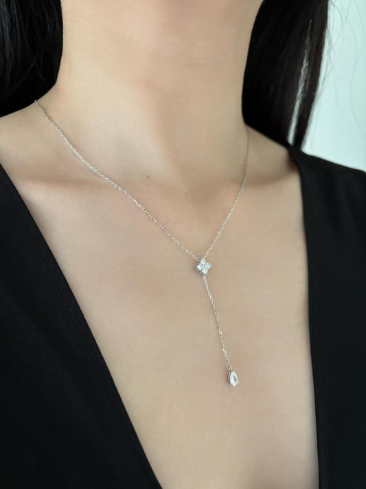 Dainty Clover Y Shaped Lariat Necklace, Gold Plated Silver Four Leaf Flower Clavicle Chain Necklace Jewelry, Elegant Bead Pendant Jewellery