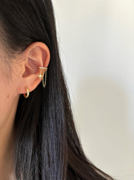 Dainty Golden North Star Ear Cuffs Jewelry, Gold Plated 925 Sterling Silver Star Chain Ear Cuff, Drop Star Non-Piercing Earrings Jewellery