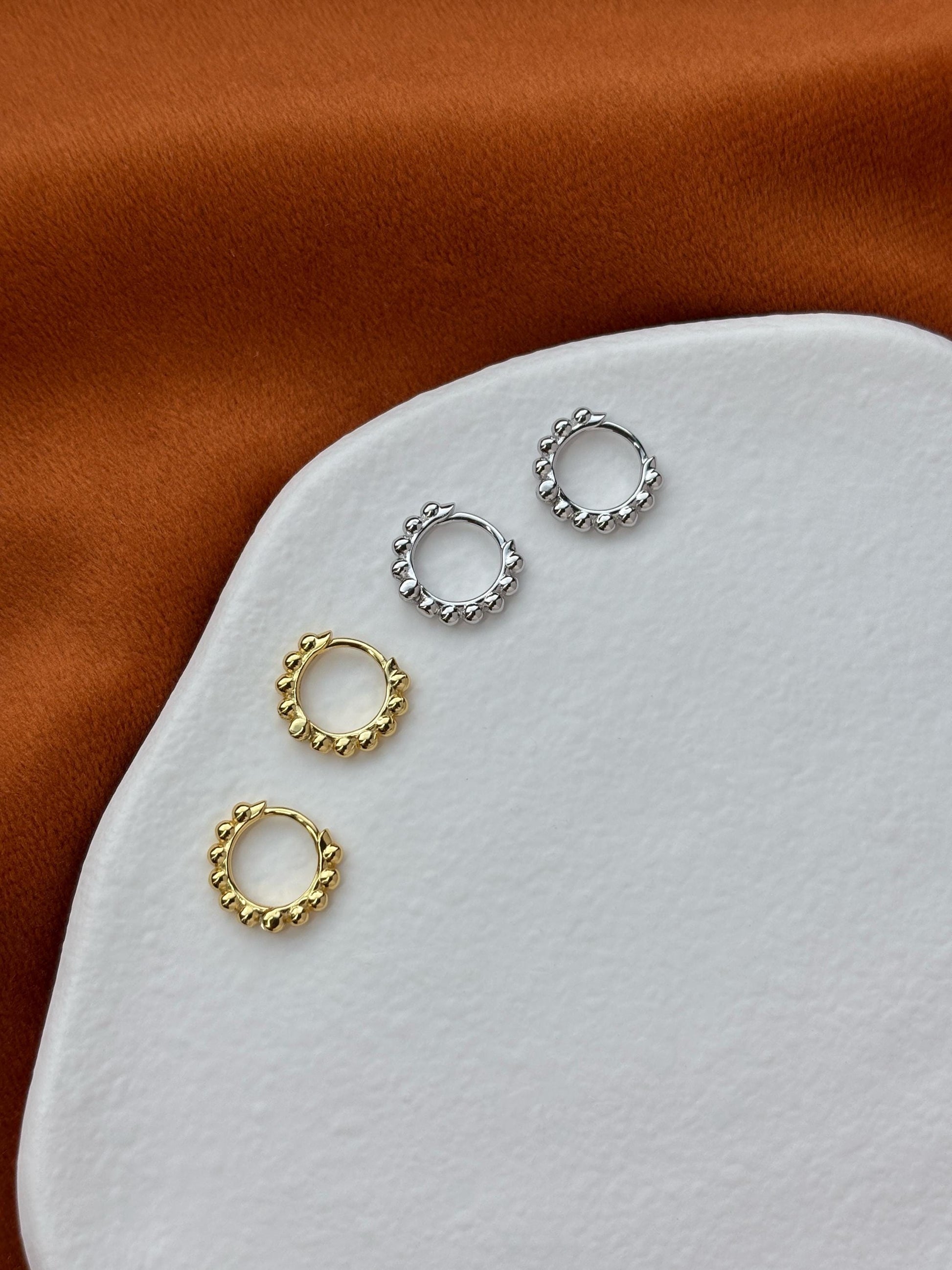 Dainty Silver Beaded Huggie, Golden Bubble Hoop Earrings, Minimalist Daily Basic Jewelry, 18K Gold Plated 925 Sterling Silver Jewellery