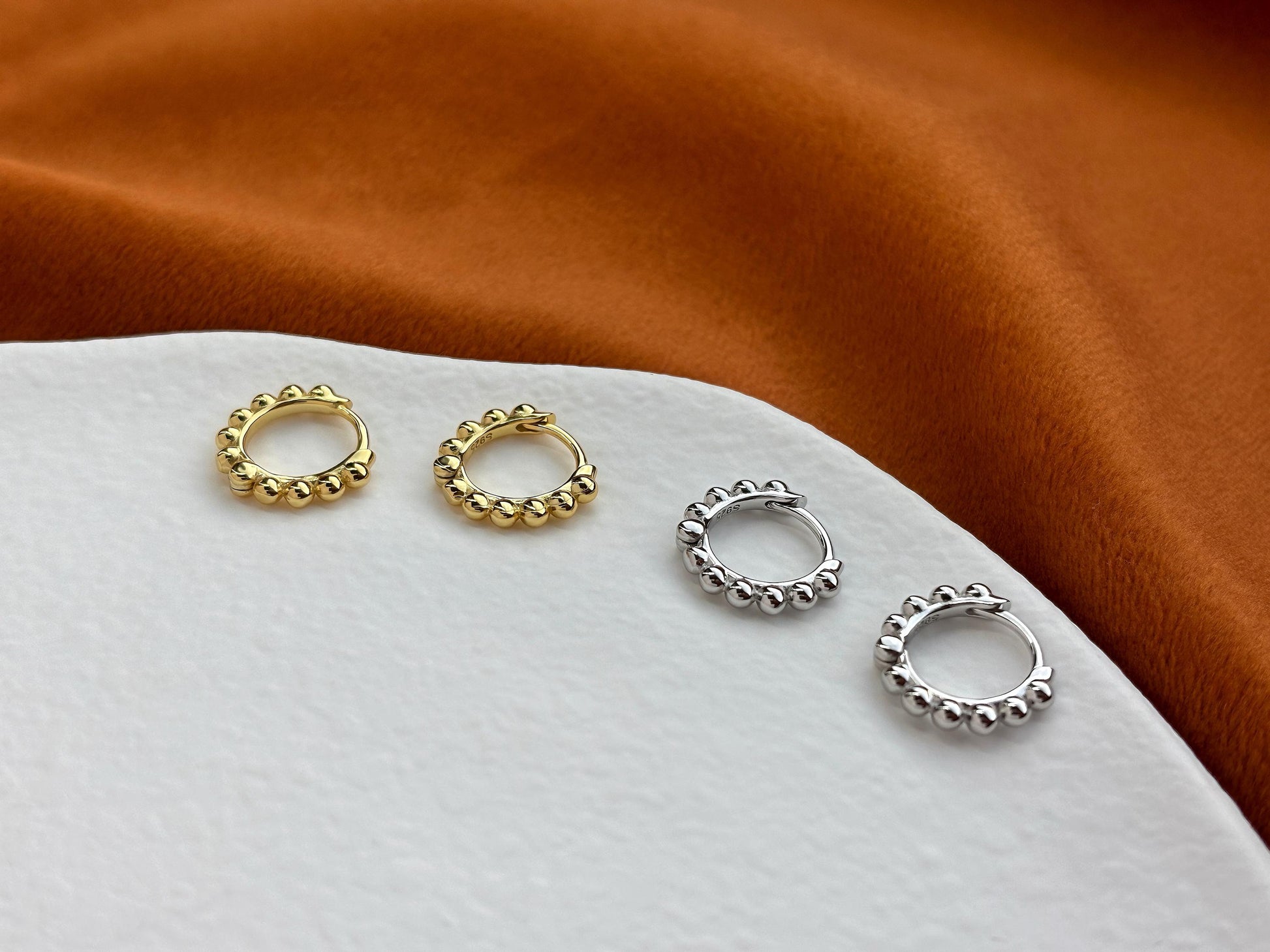 Dainty Silver Beaded Huggie, Golden Bubble Hoop Earrings, Minimalist Daily Basic Jewelry, 18K Gold Plated 925 Sterling Silver Jewellery