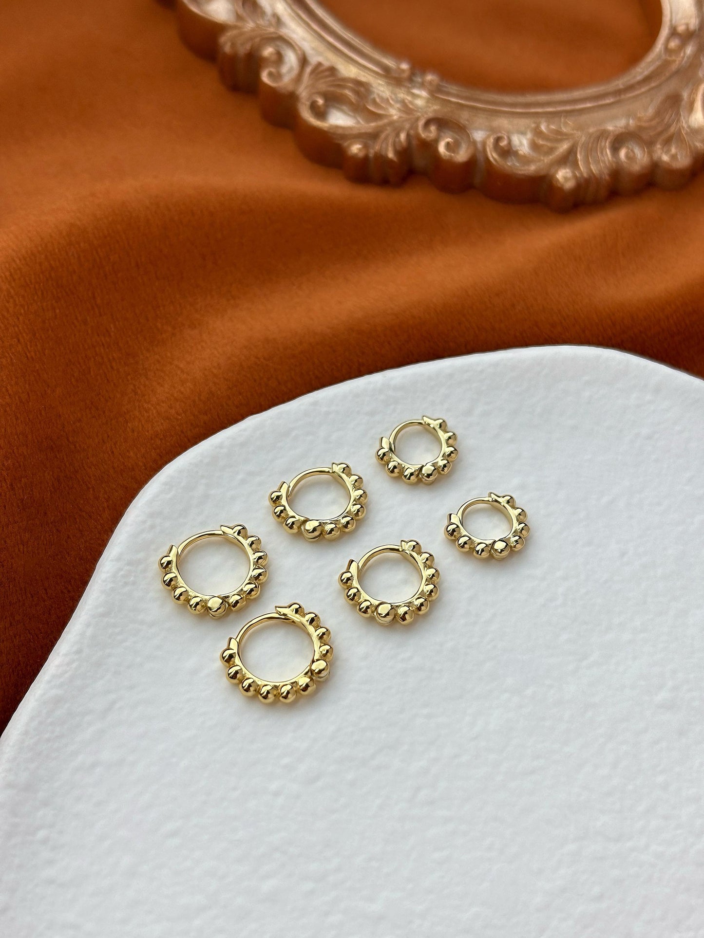 Dainty Silver Beaded Huggie, Golden Bubble Hoop Earrings, Minimalist Daily Basic Jewelry, 18K Gold Plated 925 Sterling Silver Jewellery