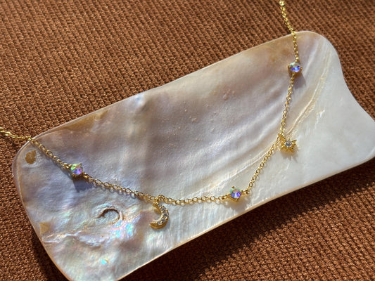 Star Moon Charm Necklace, Golden Shiny North Star Clavicle Necklace Jewellery, Gold Plated Sterling Silver Dainty Celestial Choker Jewelry