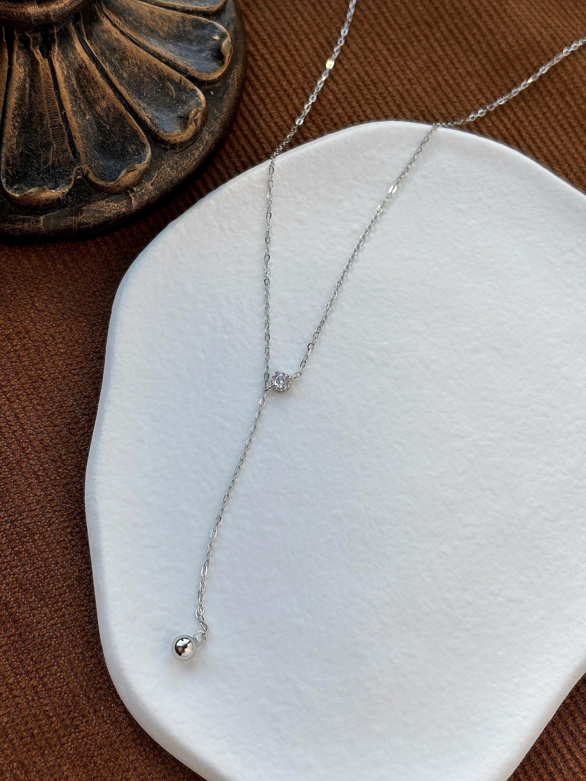 Dainty Chain Y Shaped Lariat Necklace, Gold Plated Sterling Silver Zircon Clavicle Necklace Jewelry, Elegant Bead Pendant Necklace Jewellery