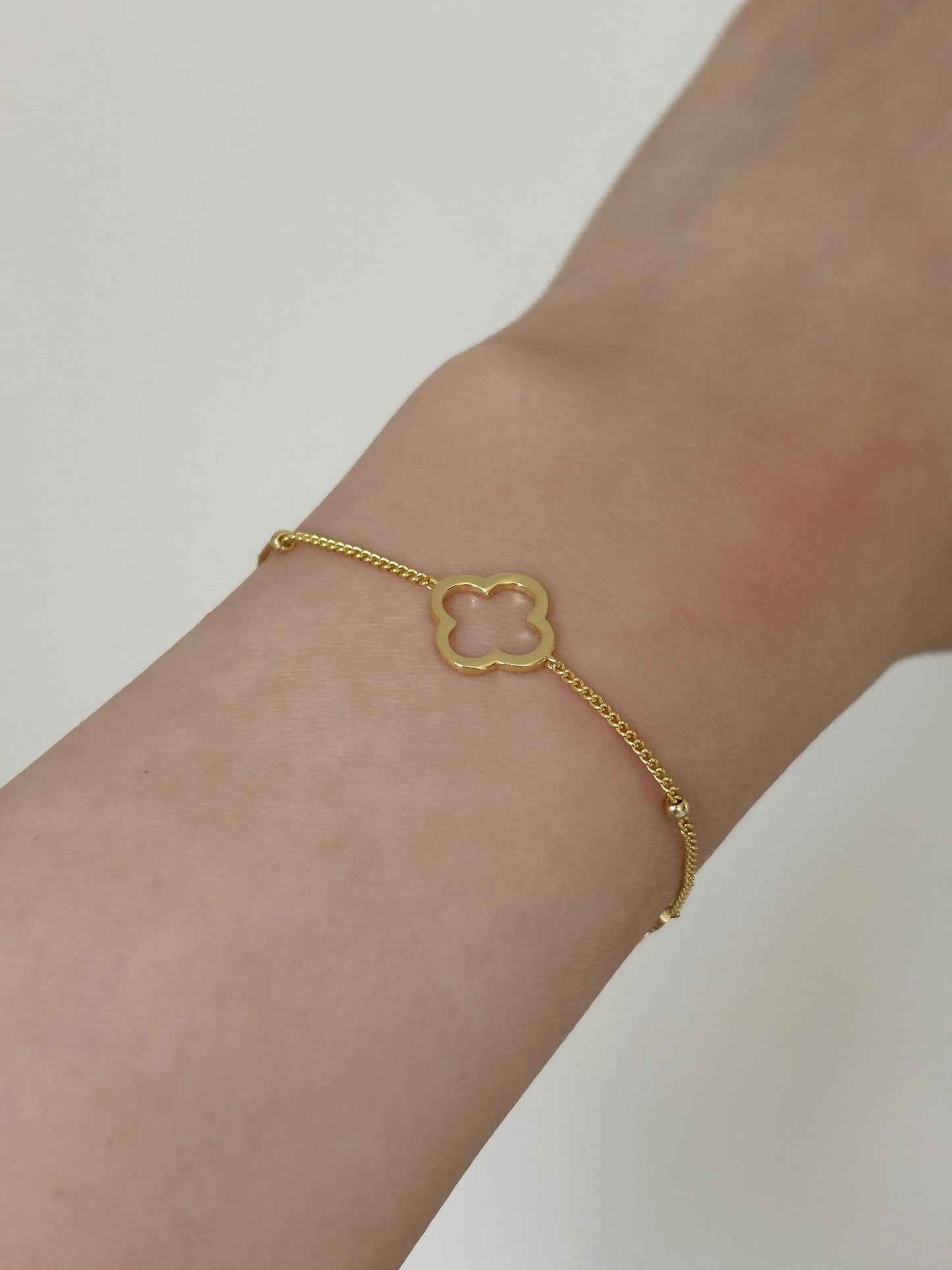 Dainty Silver Clover Bracelet, Golden Four Leaf Flower Charm Bracelet, Floral Gold Plated Sterling Silver Jewellery, Lovely Elegant Jewelry