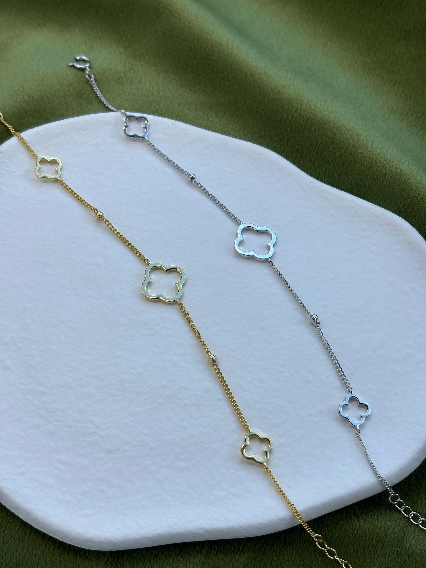 Dainty Silver Clover Bracelet, Golden Four Leaf Flower Charm Bracelet, Floral Gold Plated Sterling Silver Jewellery, Lovely Elegant Jewelry