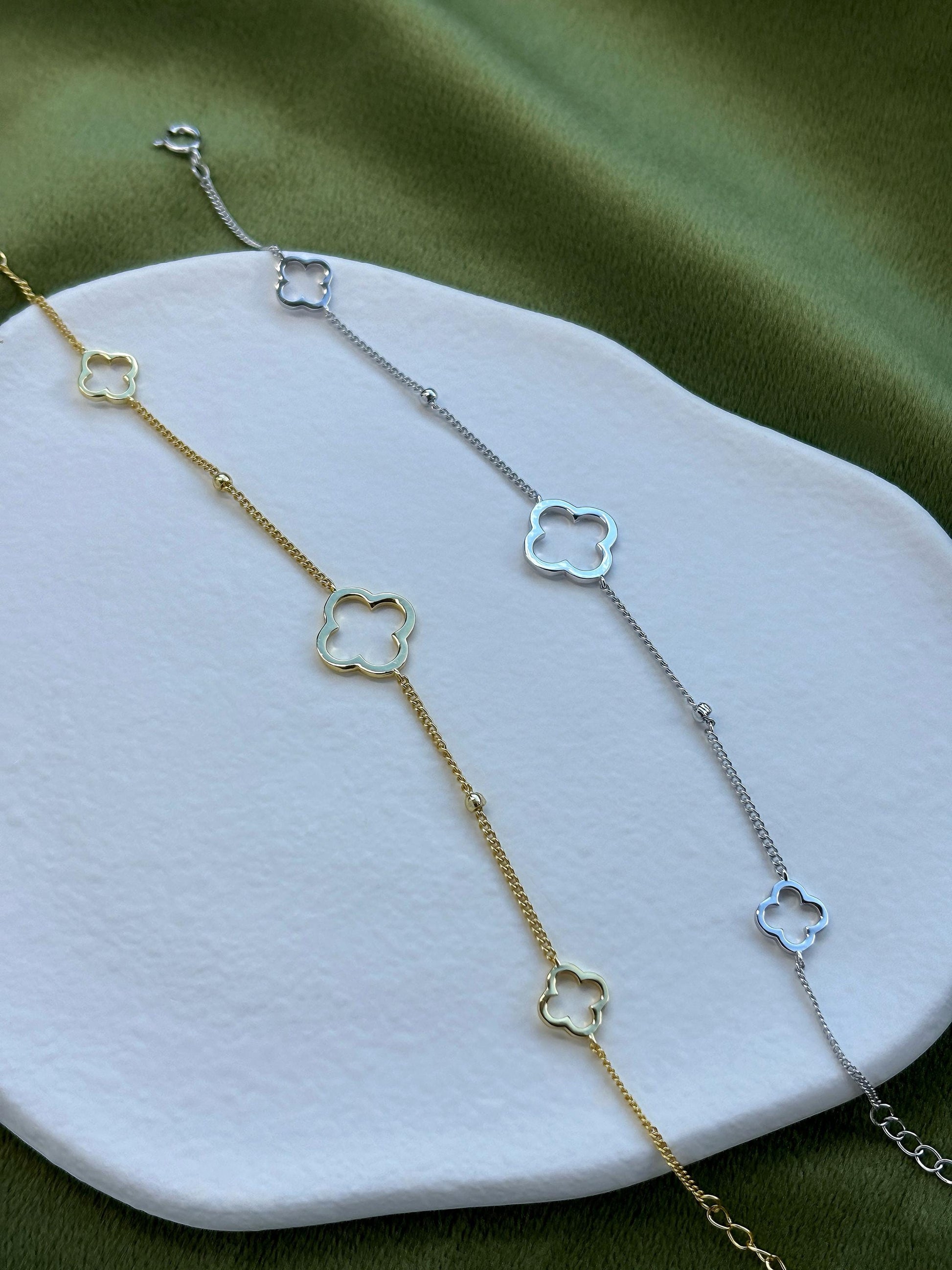 Dainty Silver Clover Bracelet, Golden Four Leaf Flower Charm Bracelet, Floral Gold Plated Sterling Silver Jewellery, Lovely Elegant Jewelry