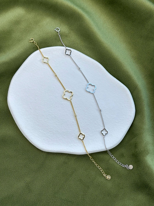 Dainty Silver Clover Bracelet, Golden Four Leaf Flower Charm Bracelet, Floral Gold Plated Sterling Silver Jewellery, Lovely Elegant Jewelry