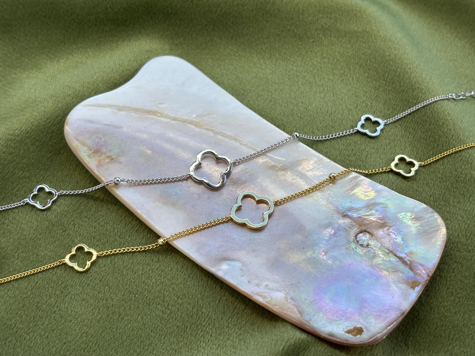 Dainty Silver Clover Bracelet, Golden Four Leaf Flower Charm Bracelet, Floral Gold Plated Sterling Silver Jewellery, Lovely Elegant Jewelry