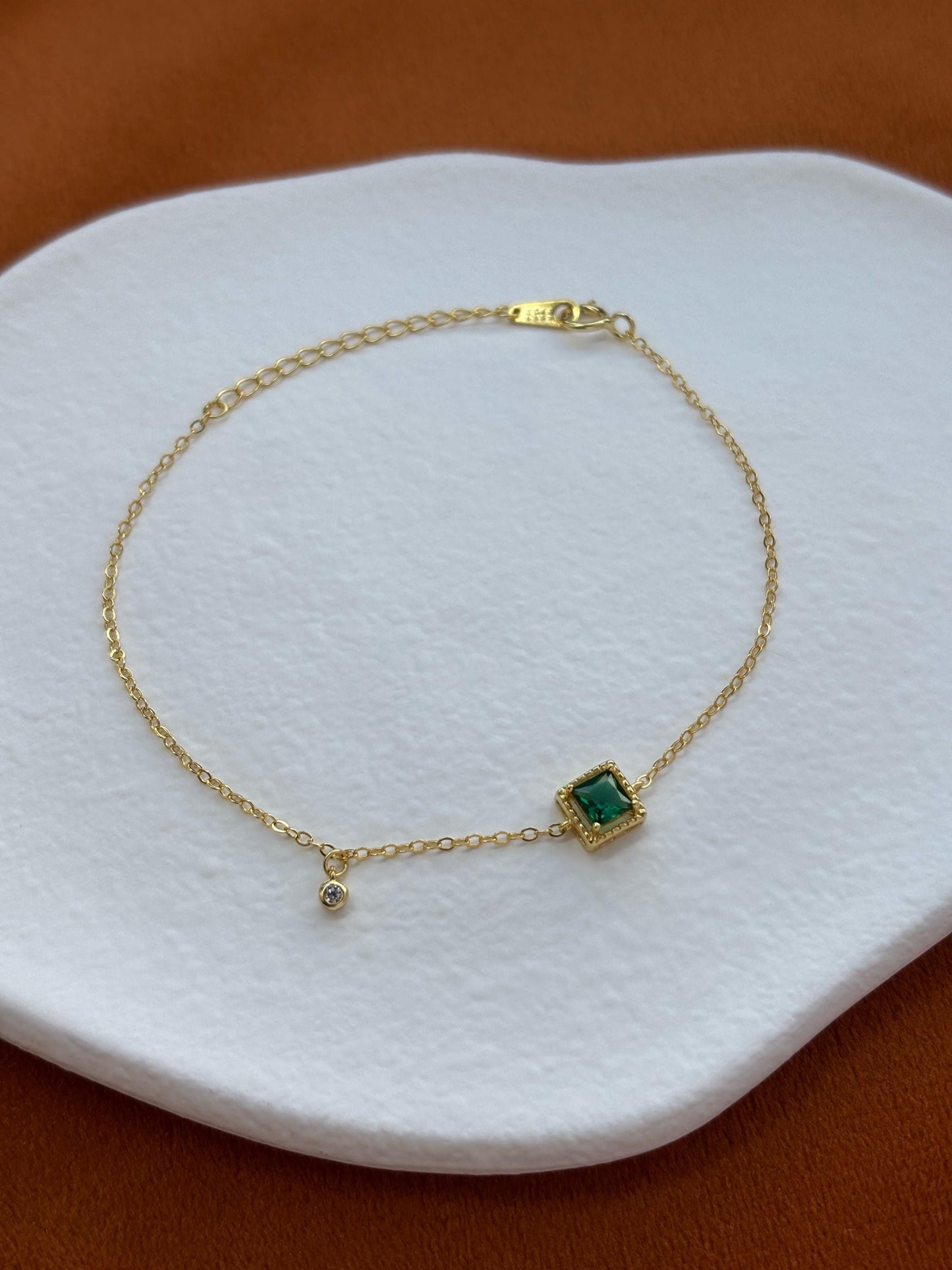 Dainty Square Green Stone Bracelet, Vintage Silver Emerald Chain Bracelet, 14K Gold Plated Sterling Silver Jewellery, Retro Elegant Jewelry