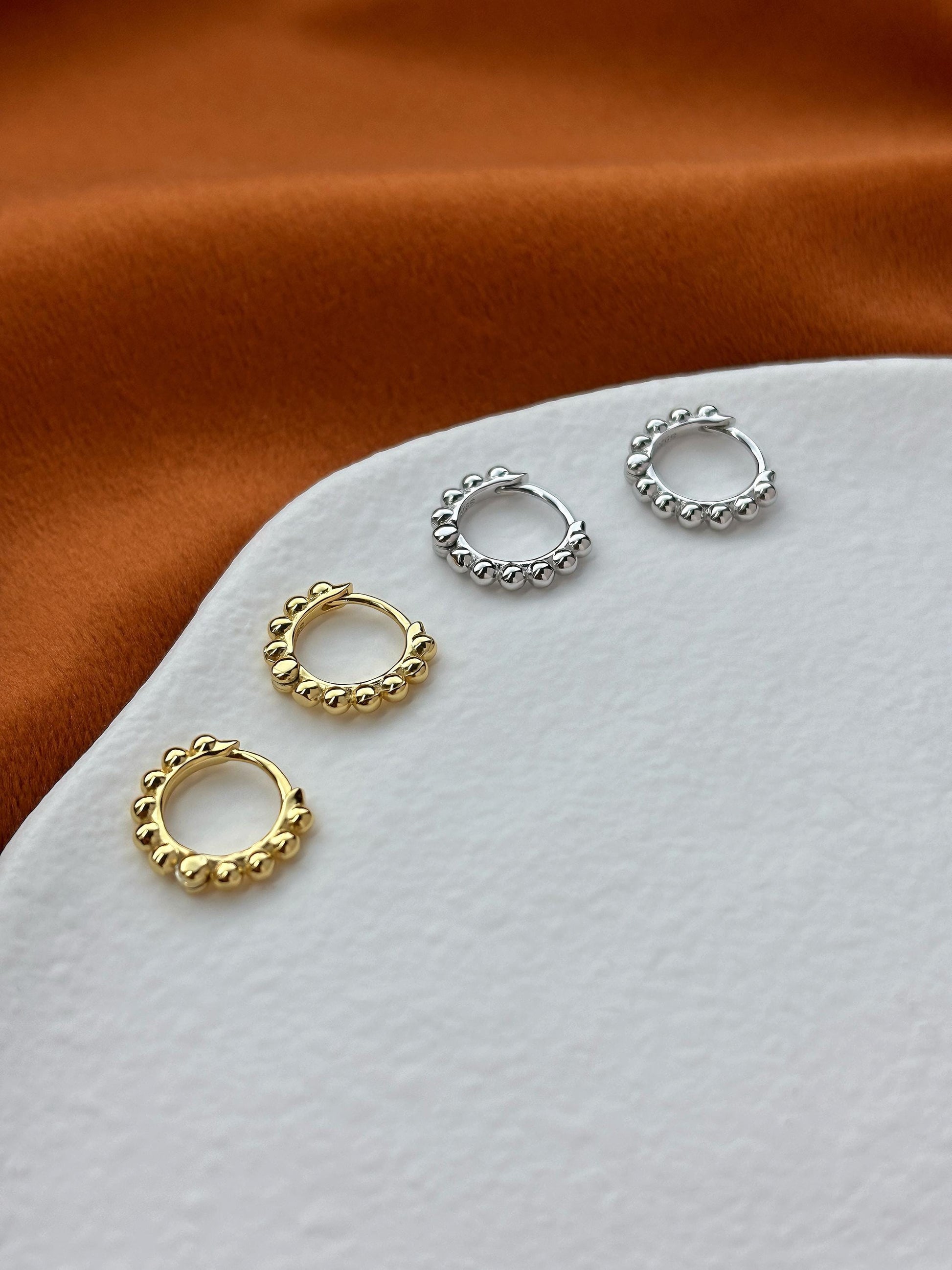 Dainty Silver Beaded Huggie, Golden Bubble Hoop Earrings, Minimalist Daily Basic Jewelry, 18K Gold Plated 925 Sterling Silver Jewellery