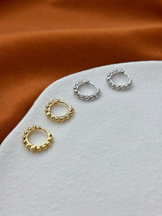 Dainty Silver Beaded Huggie, Golden Bubble Hoop Earrings, Minimalist Daily Basic Jewelry, 18K Gold Plated 925 Sterling Silver Jewellery