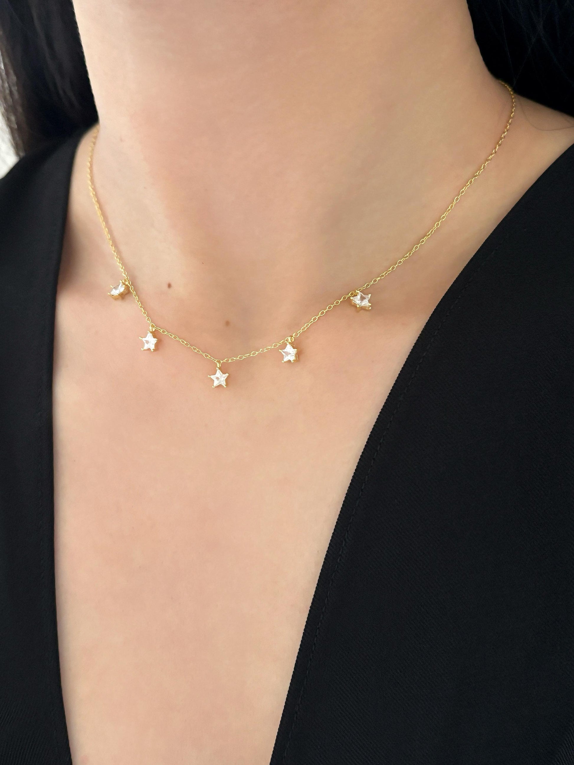 Star Charm Necklace, Golden Shiny Pentacle Star Clavicle Necklace Jewellery, Gold Plated 925 Sterling Silver Dainty Celestial Choker Jewelry