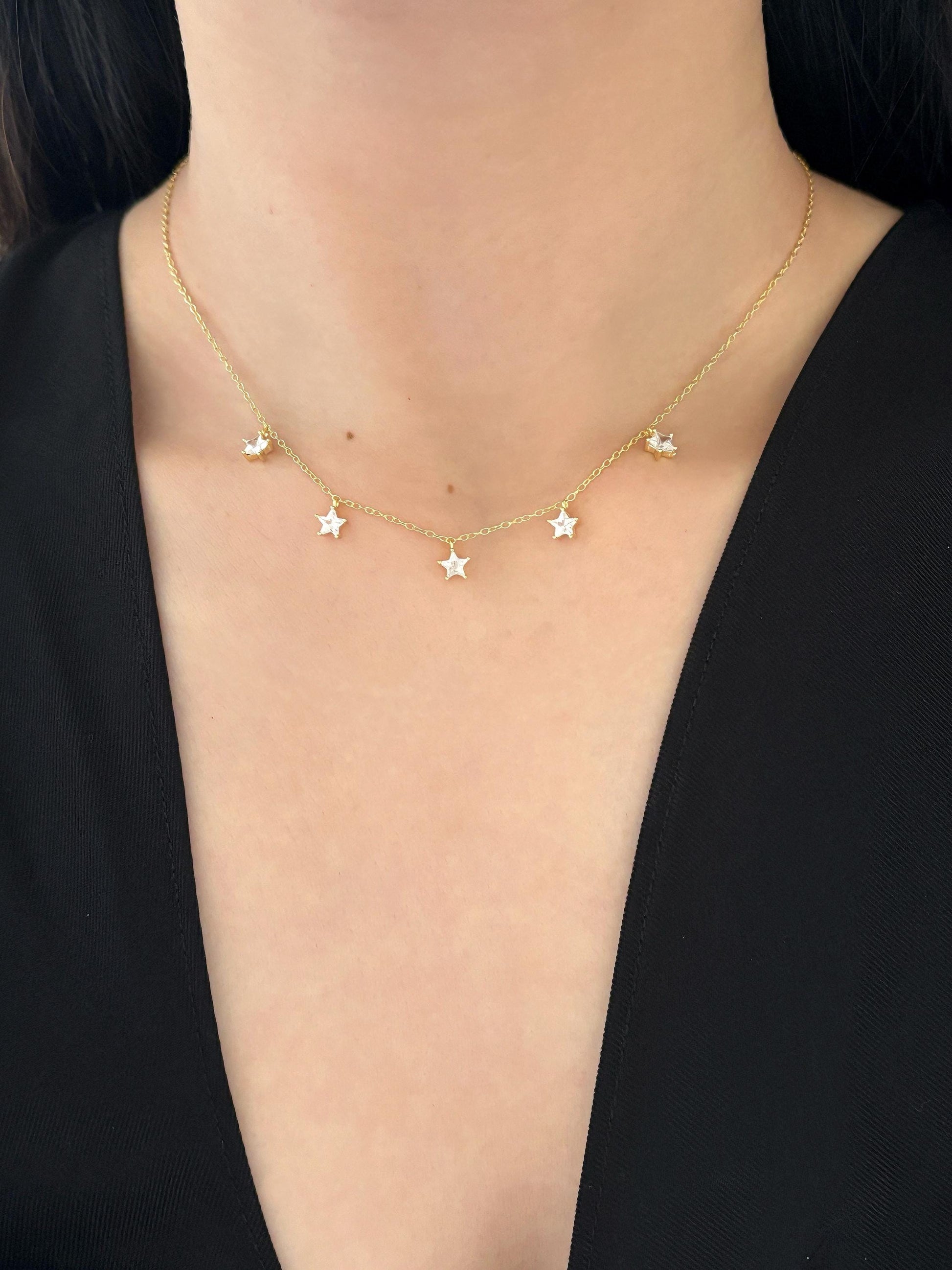 Star Charm Necklace, Golden Shiny Pentacle Star Clavicle Necklace Jewellery, Gold Plated 925 Sterling Silver Dainty Celestial Choker Jewelry