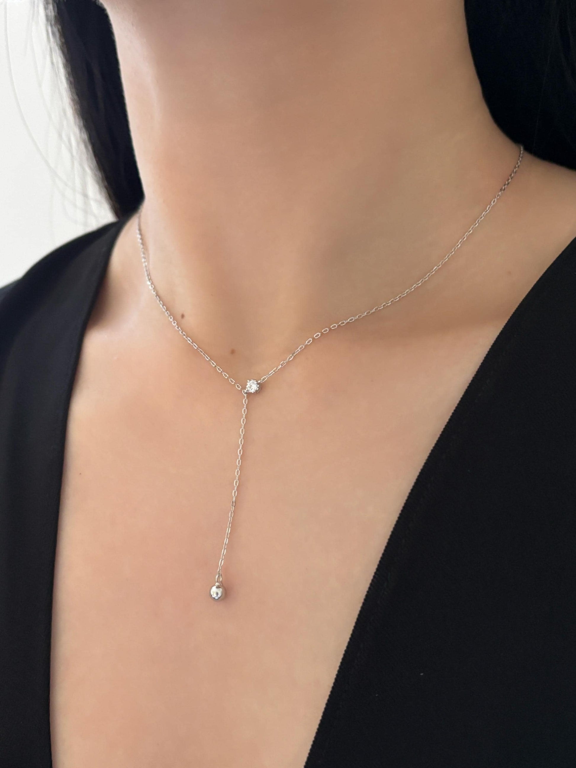 Dainty Chain Y Shaped Lariat Necklace, Gold Plated Sterling Silver Zircon Clavicle Necklace Jewelry, Elegant Bead Pendant Necklace Jewellery