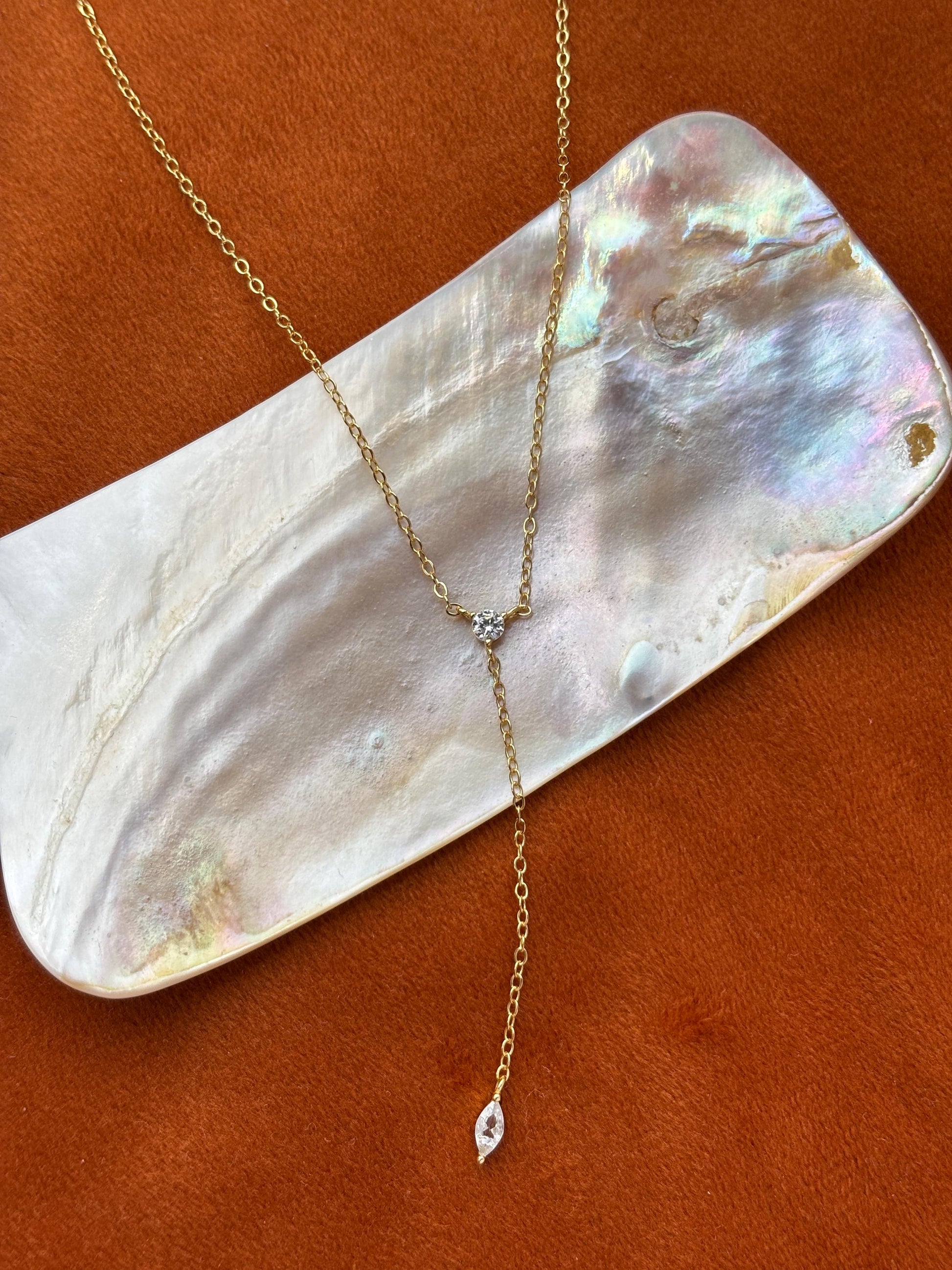 Dainty Chain Y Shaped Lariat Necklace, Gold Plated Sterling Silver Zircon Clavicle Necklace Jewelry, Elegant Drop Pendant Necklace Jewellery