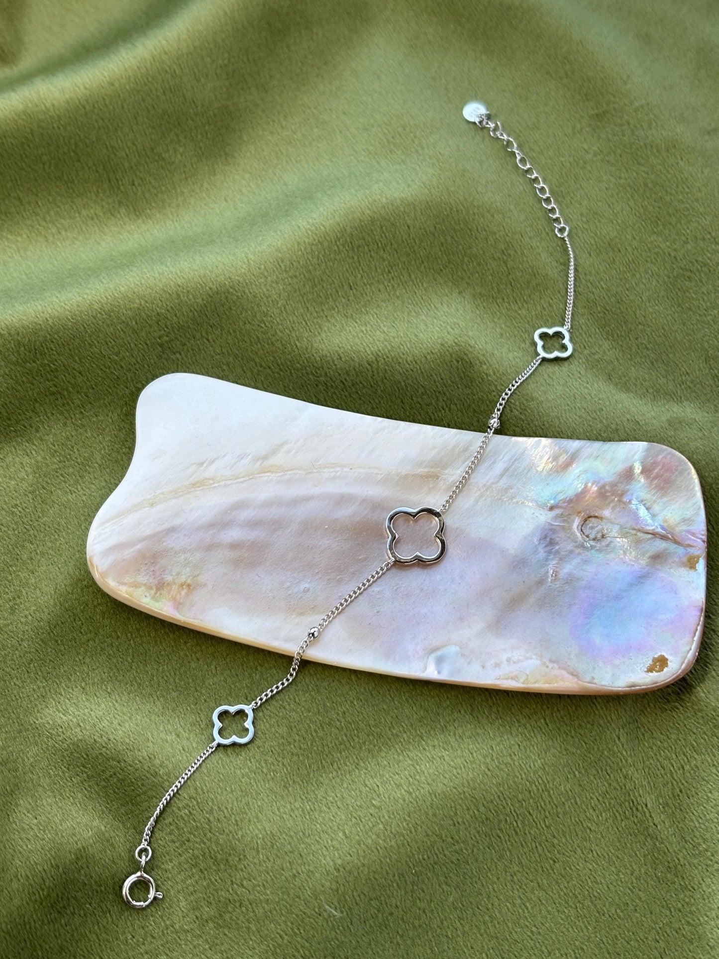 Dainty Silver Clover Bracelet, Golden Four Leaf Flower Charm Bracelet, Floral Gold Plated Sterling Silver Jewellery, Lovely Elegant Jewelry