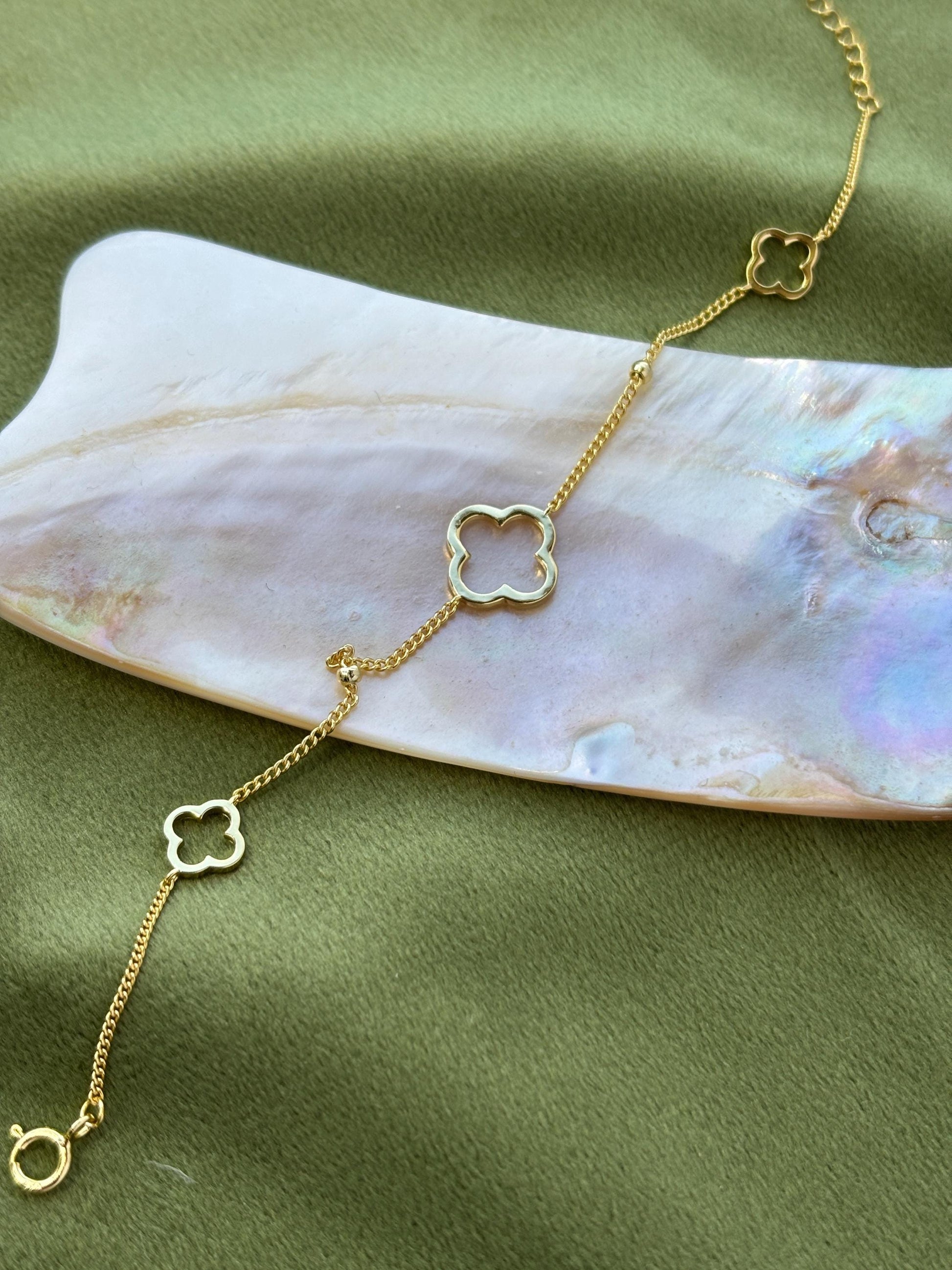 Dainty Silver Clover Bracelet, Golden Four Leaf Flower Charm Bracelet, Floral Gold Plated Sterling Silver Jewellery, Lovely Elegant Jewelry