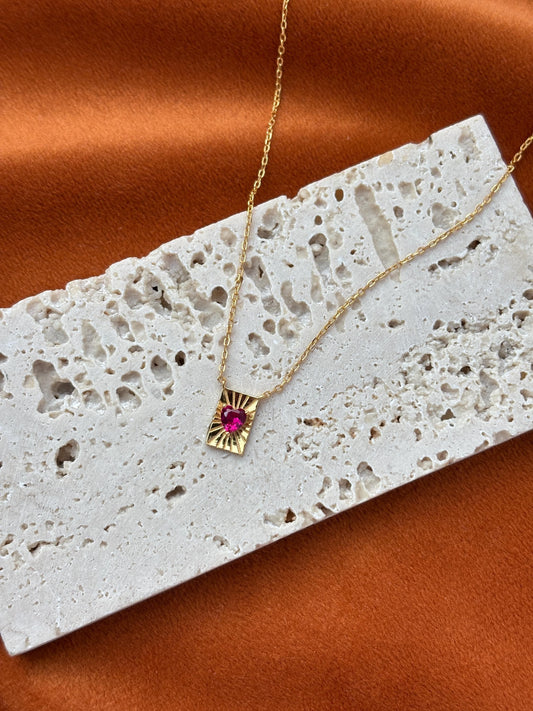Ruby Heart Pendant Necklace, Golden Rectangle Sunbeam Necklace Jewellery, Dainty Red Love Heart Clavicle Necklace Jewelry, Sterling Silver