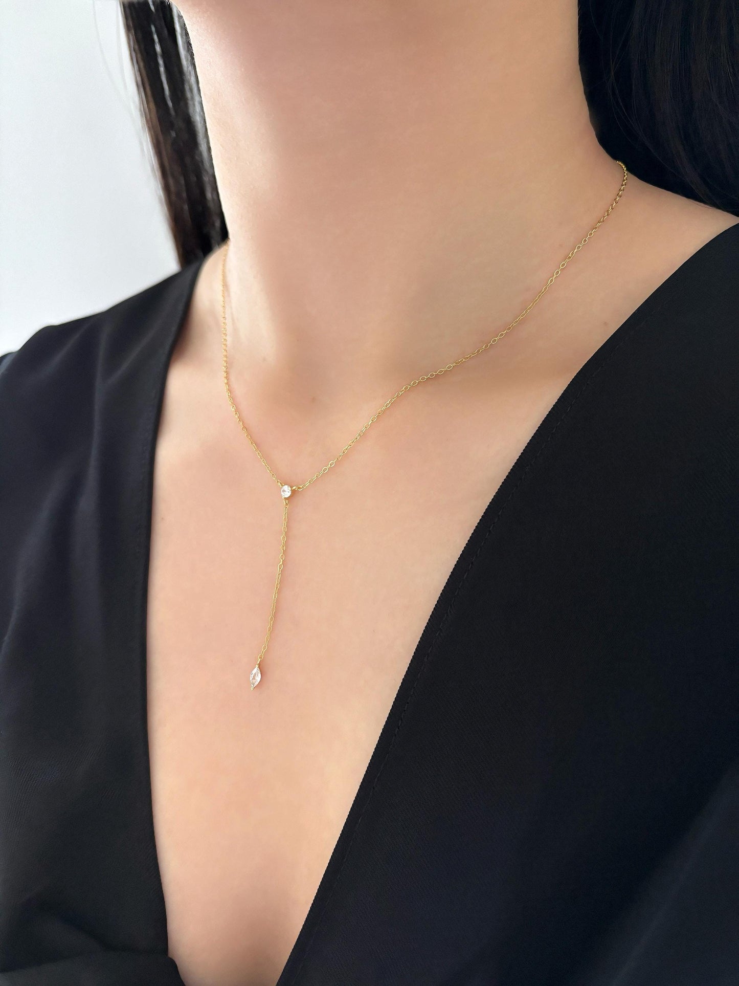 Dainty Chain Y Shaped Lariat Necklace, Gold Plated Sterling Silver Zircon Clavicle Necklace Jewelry, Elegant Drop Pendant Necklace Jewellery