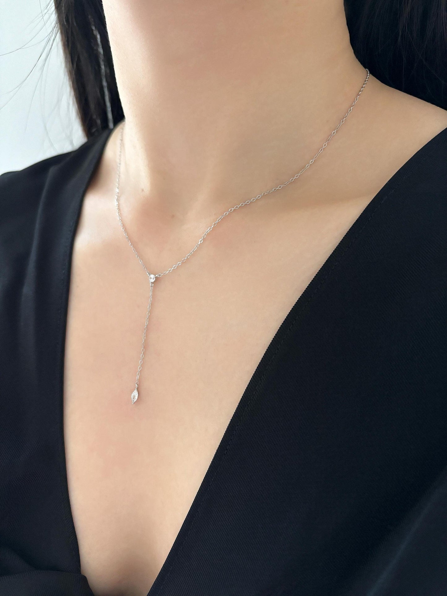 Dainty Chain Y Shaped Lariat Necklace, Gold Plated Sterling Silver Zircon Clavicle Necklace Jewelry, Elegant Drop Pendant Necklace Jewellery