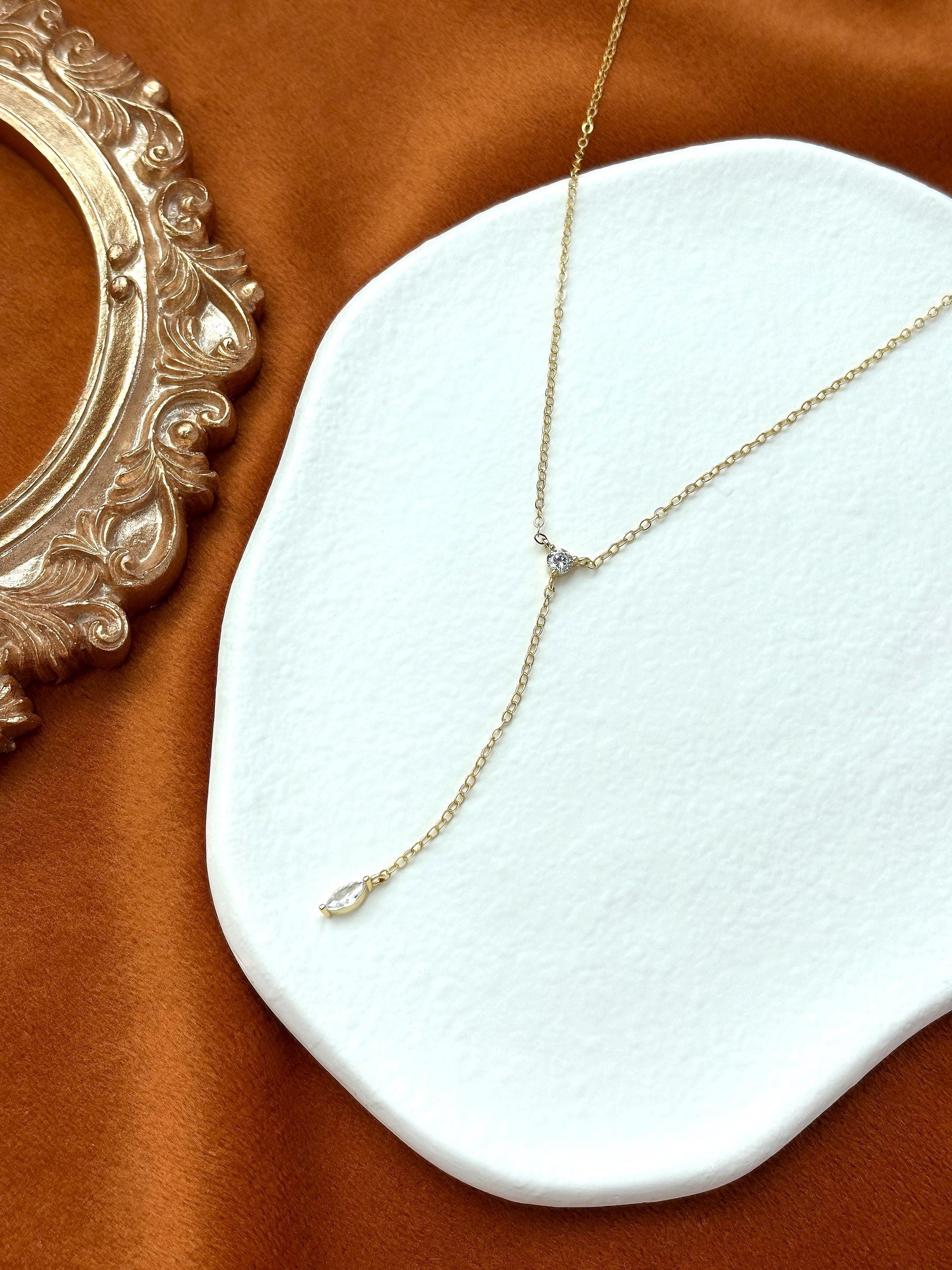 Dainty Chain Y Shaped Lariat Necklace, Gold Plated Sterling Silver Zircon Clavicle Necklace Jewelry, Elegant Drop Pendant Necklace Jewellery