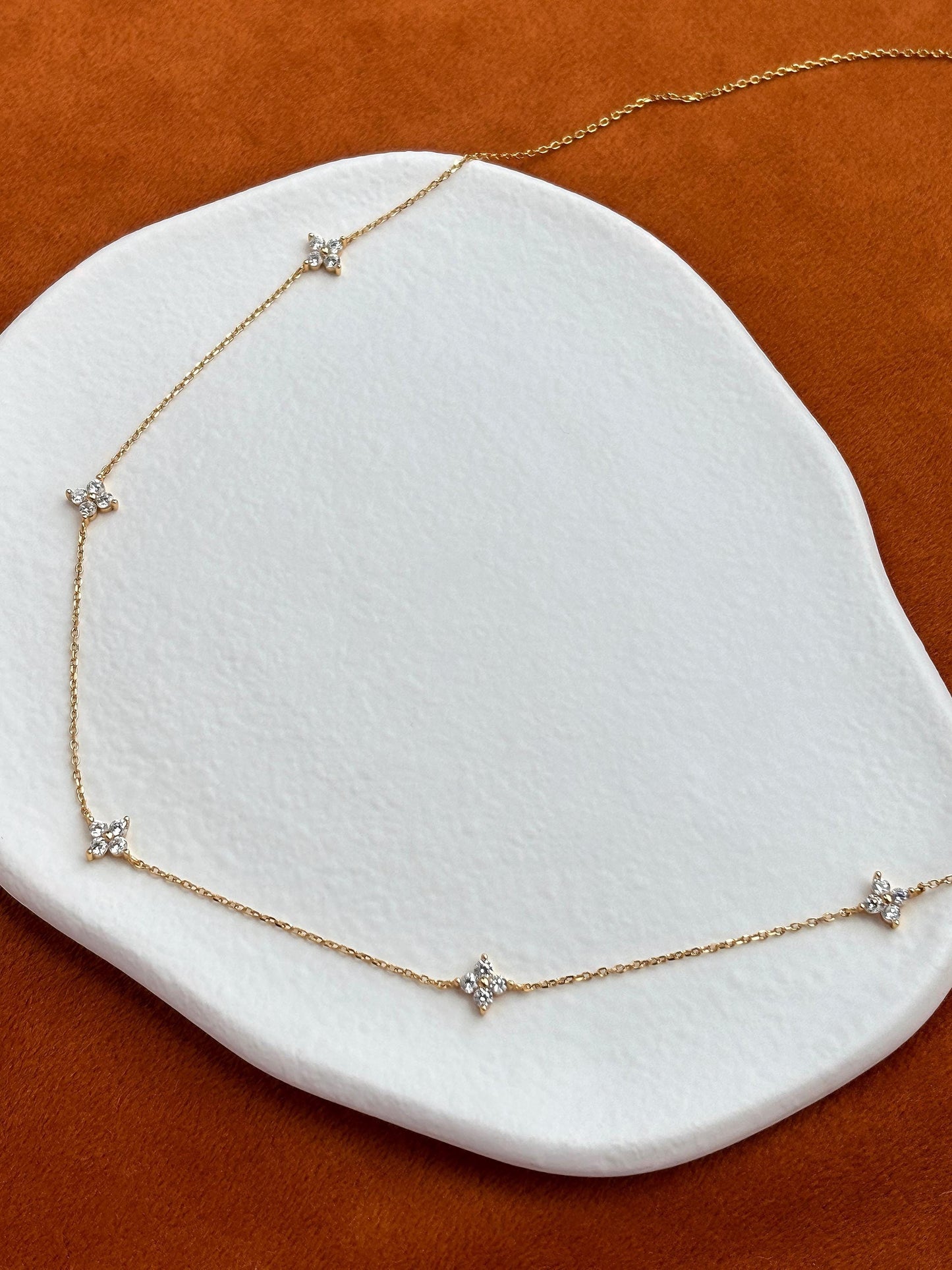 Silver Clover Necklace, Classic Golden Four Leaf Flower Charm Necklace, Floral Star Gold Plated 925 Silver Jewellery, Dainty Elegant Jewelry