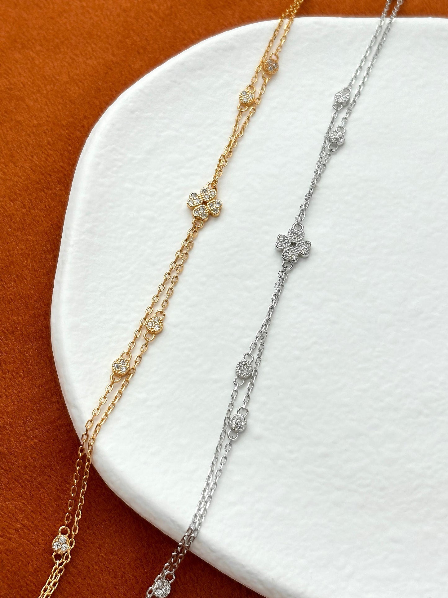 Cute Silver Four Leaf Clover Bracelet, Golden Flower Charm Bracelet, Floral Gold Plated Sterling Silver Jewellery, Dainty Elegant Jewelry