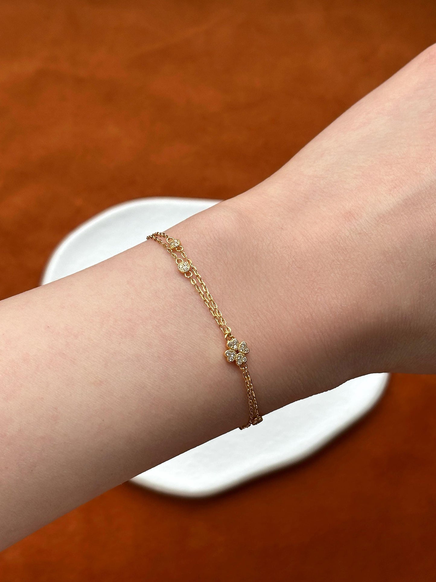 Cute Silver Four Leaf Clover Bracelet, Golden Flower Charm Bracelet, Floral Gold Plated Sterling Silver Jewellery, Dainty Elegant Jewelry