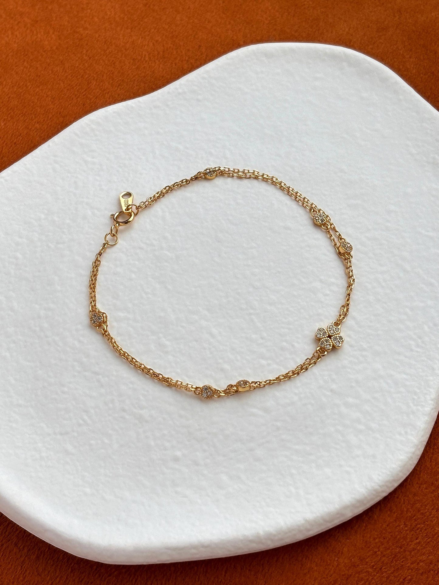 Cute Silver Four Leaf Clover Bracelet, Golden Flower Charm Bracelet, Floral Gold Plated Sterling Silver Jewellery, Dainty Elegant Jewelry