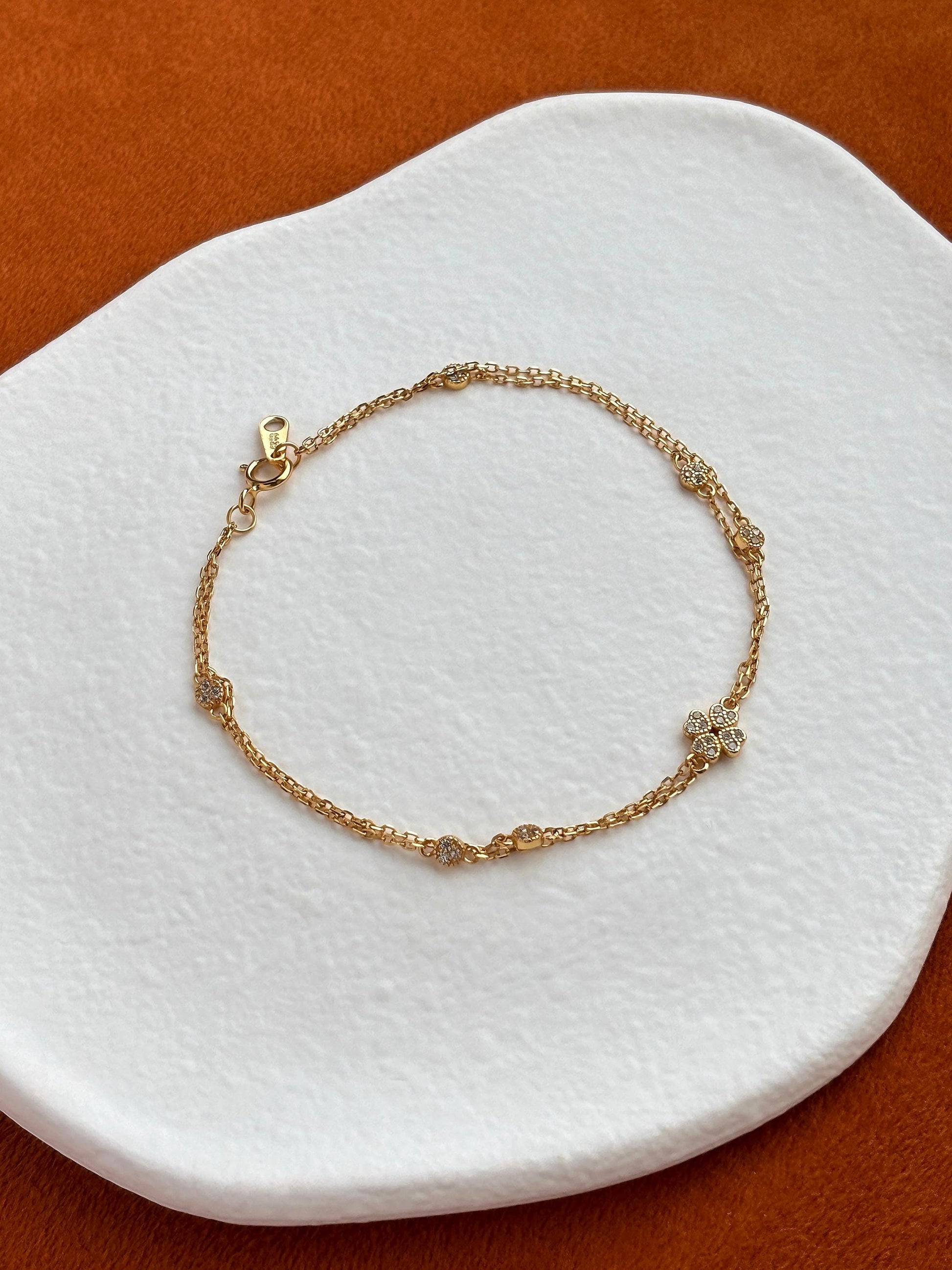 Cute Silver Four Leaf Clover Bracelet, Golden Flower Charm Bracelet, Floral Gold Plated Sterling Silver Jewellery, Dainty Elegant Jewelry