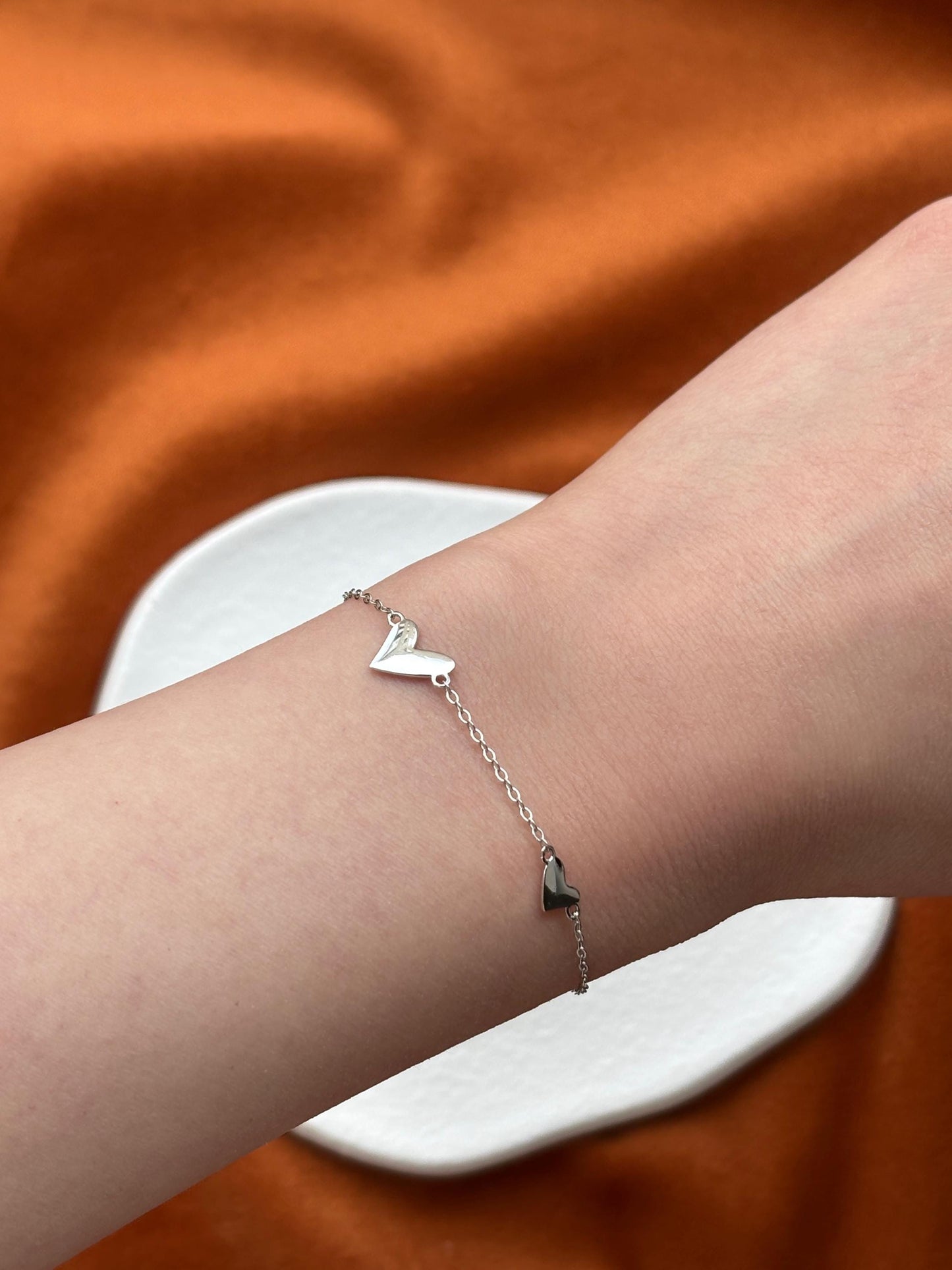 Cute Heart Shaped Bracelet, Silver Charm Bracelet, Golden Thin Chain Love Bracelet, Gold Plated 925 Silver Jewellery, Dainty Elegant Jewelry