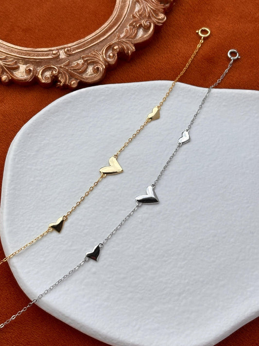Cute Heart Shaped Bracelet, Silver Charm Bracelet, Golden Thin Chain Love Bracelet, Gold Plated 925 Silver Jewellery, Dainty Elegant Jewelry