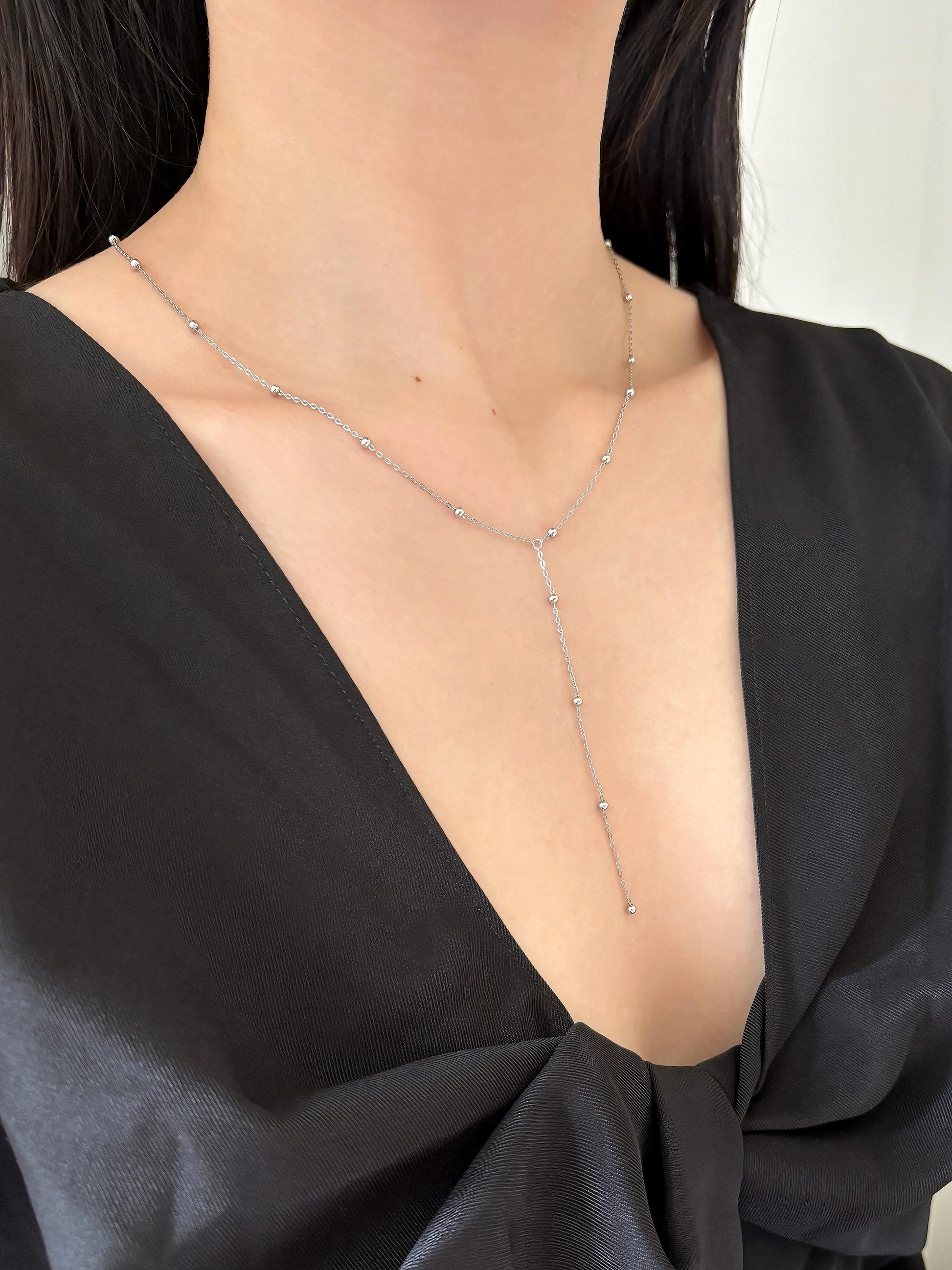 Dainty Beaded Golden Chain Y Shaped Lariat Necklace, Gold Plated Sterling Silver Clavicle Necklace Jewelry, Elegant Bead Pendant Jewellery
