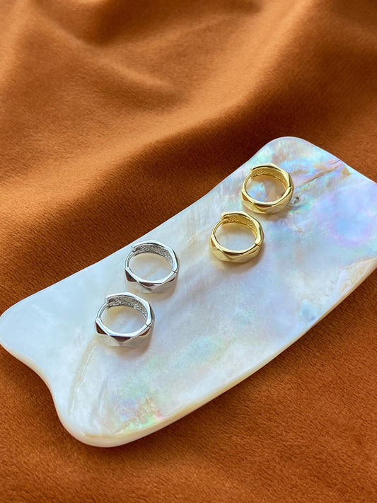 Faceted Silver Hoop Earrings, Dainty Chunky Huggie, Golden Geometric Minimalist Daily Basic Jewelry, Gold Plated Sterling Silver Jewellery