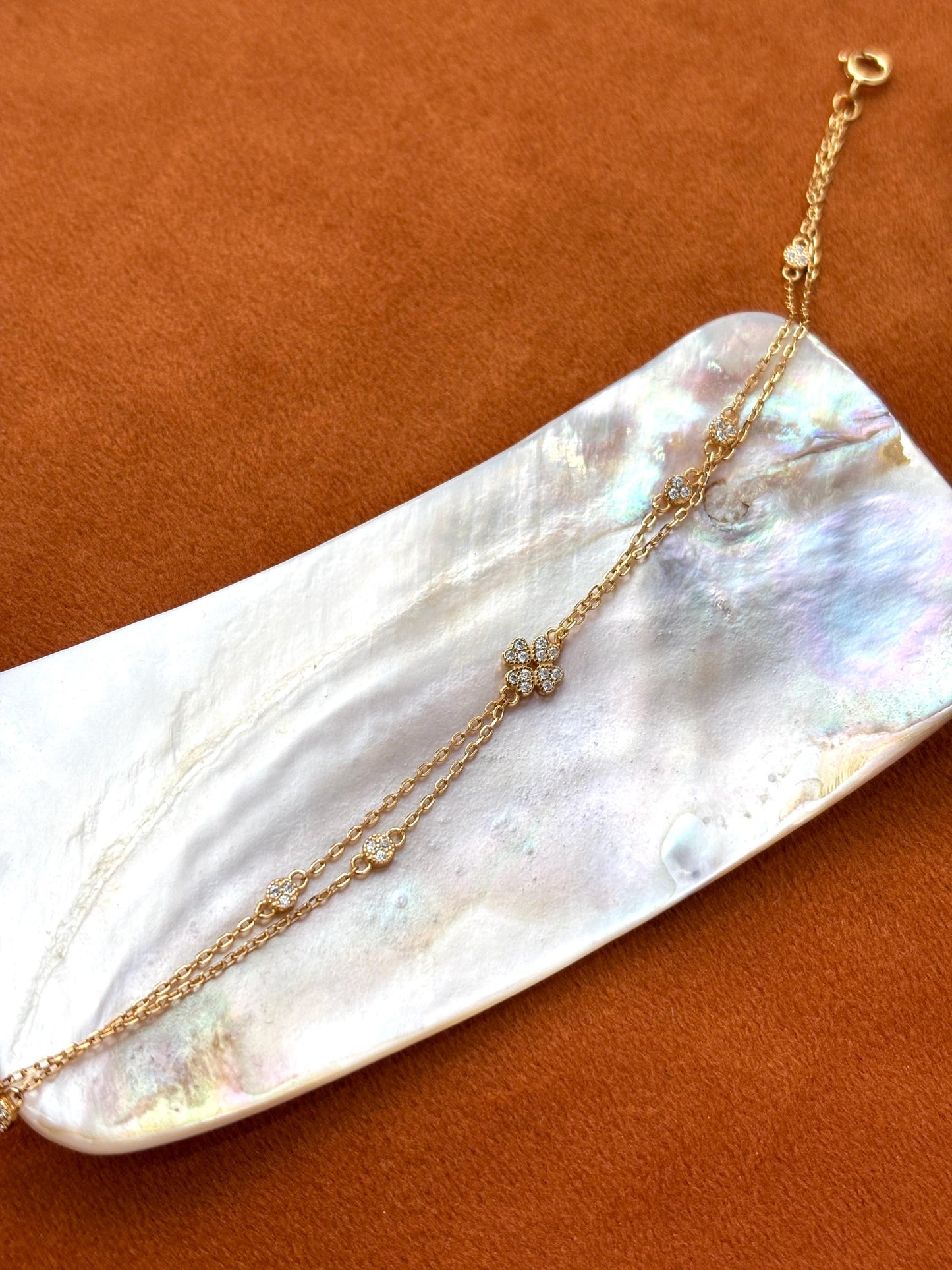 Cute Silver Four Leaf Clover Bracelet, Golden Flower Charm Bracelet, Floral Gold Plated Sterling Silver Jewellery, Dainty Elegant Jewelry