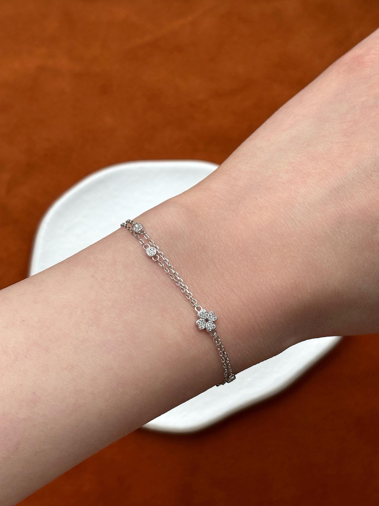 Cute Silver Four Leaf Clover Bracelet, Golden Flower Charm Bracelet, Floral Gold Plated Sterling Silver Jewellery, Dainty Elegant Jewelry