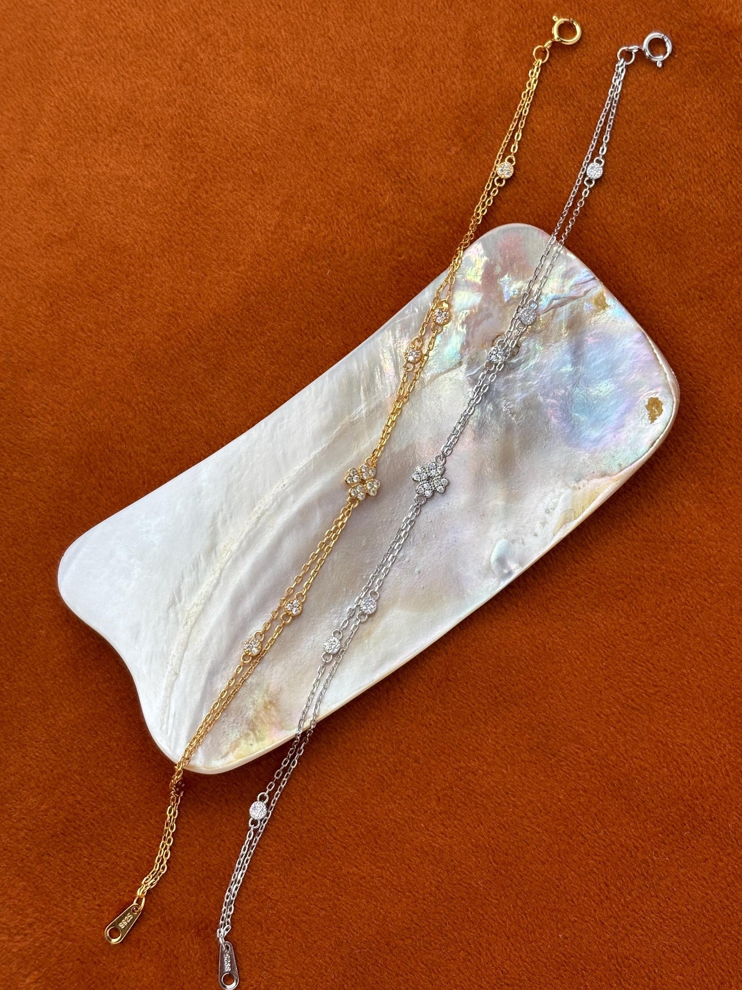 Cute Silver Four Leaf Clover Bracelet, Golden Flower Charm Bracelet, Floral Gold Plated Sterling Silver Jewellery, Dainty Elegant Jewelry