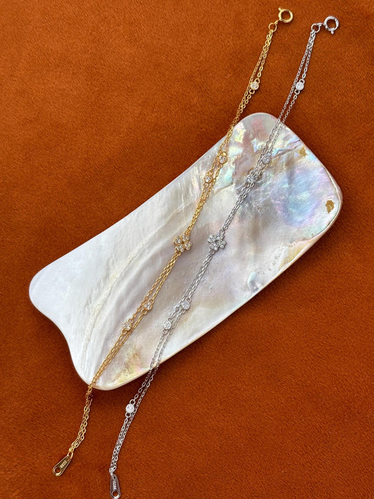 Cute Silver Four Leaf Clover Bracelet, Golden Flower Charm Bracelet, Floral Gold Plated Sterling Silver Jewellery, Dainty Elegant Jewelry