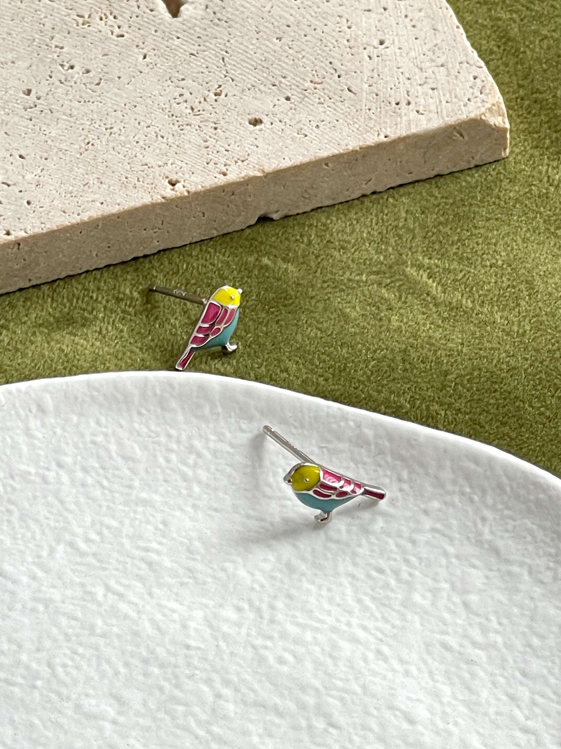 Mini Cute Birds Stud Earrings, Lovely Small Little Bird Studs, Cartoon Animated Enamel Colourful Bird Jewellery, 925 Silver Animal Jewelry