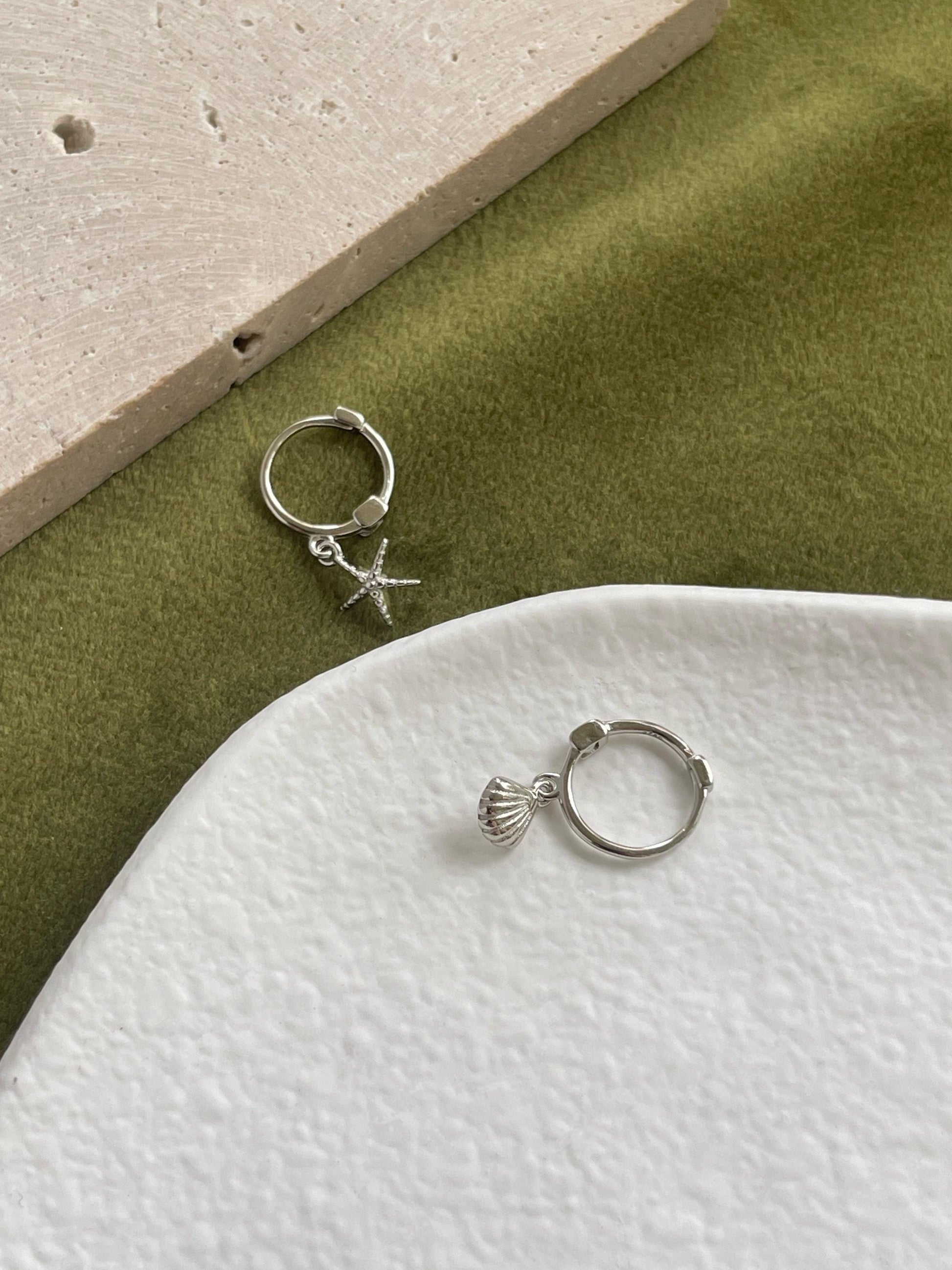Cute Starfish Shell Hoops, Small Lovely Seashell Drop Dangle Earrings, Ocean Beach Sea Jewelry, Dainty Mini Gold Plated 925 Silver Jewellery