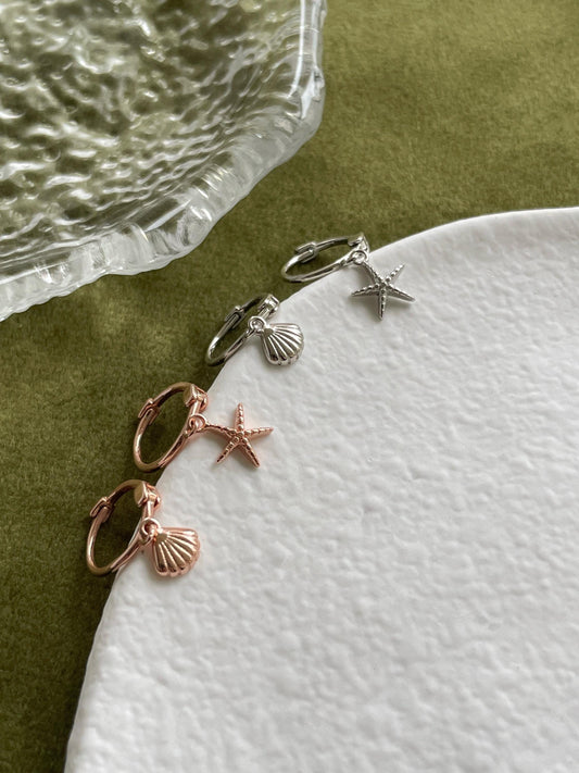 Cute Starfish Shell Hoops, Small Lovely Seashell Drop Dangle Earrings, Ocean Beach Sea Jewelry, Dainty Mini Gold Plated 925 Silver Jewellery