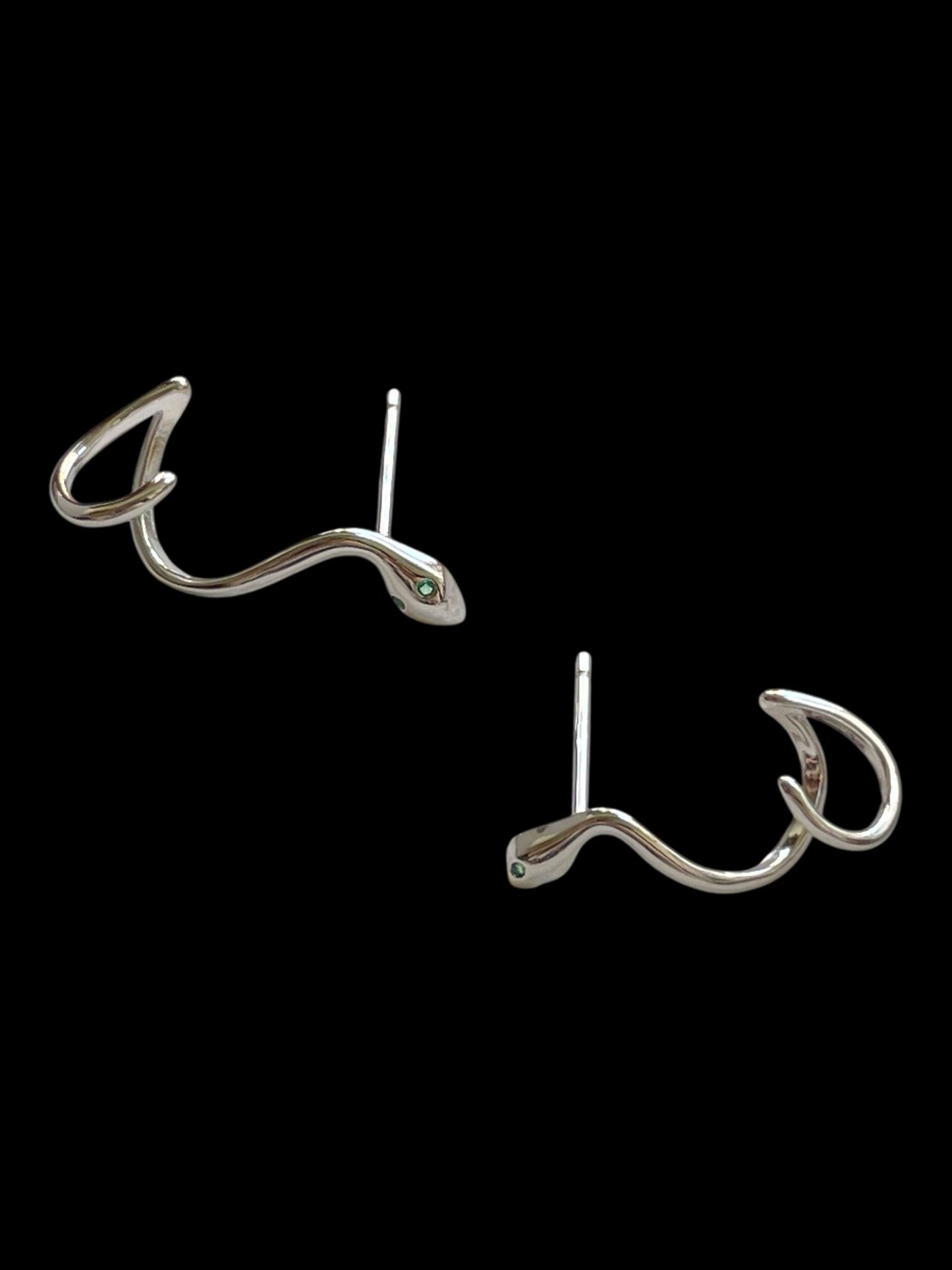 Solid Sterling Silver Snake Stud Earrings, Snake Ear Climber Earrings With Green Gemstone Eyes, Animal Jewelry