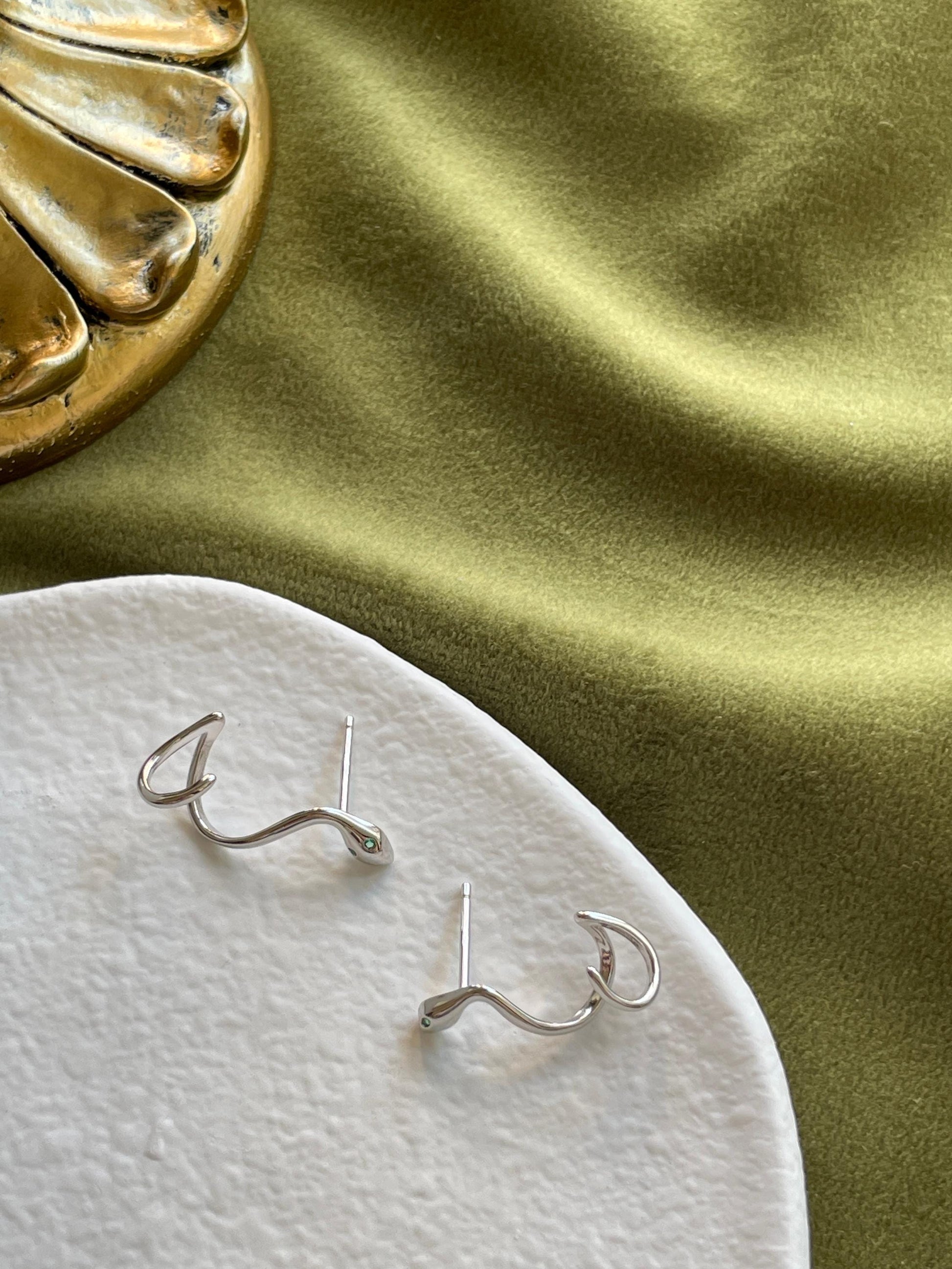 Solid Sterling Silver Snake Stud Earrings, Snake Ear Climber Earrings With Green Gemstone Eyes, Animal Jewelry