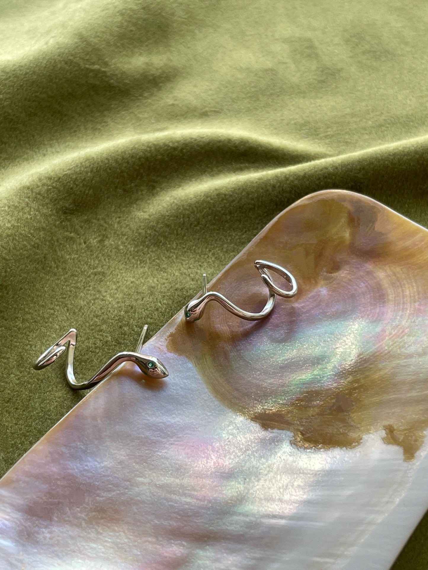 Silver Snake Stud Earrings, Snake Ear Climber Earrings With Green Gemstone Eyes, Animal Jewelry, 18K Gold Plated Sterling Silver Jewellery