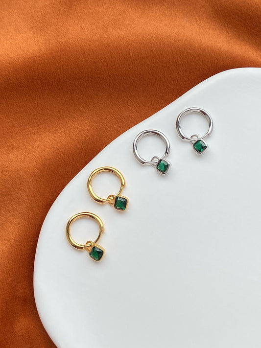 Retro Square Emerald Hoop Earrings, Vintage Green Stone Dangle Drop Earrings, Golden Dainty Elegant Jewelry, Gold Plated Silver Jewellery