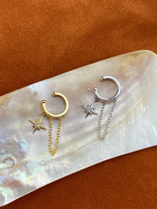 Dainty Golden North Star Ear Cuffs Jewelry, Gold Plated 925 Sterling Silver Star Chain Ear Cuff, Drop Star Non-Piercing Earrings Jewellery