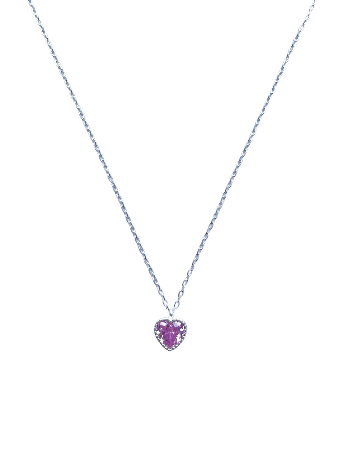 Cute Silver Heart Clavicle Necklace, Pink Heart Pendant Jewellery, Shiny Sparkling Love Necklace, Dainty Lovely Jewelry, 925 Sterling Silver