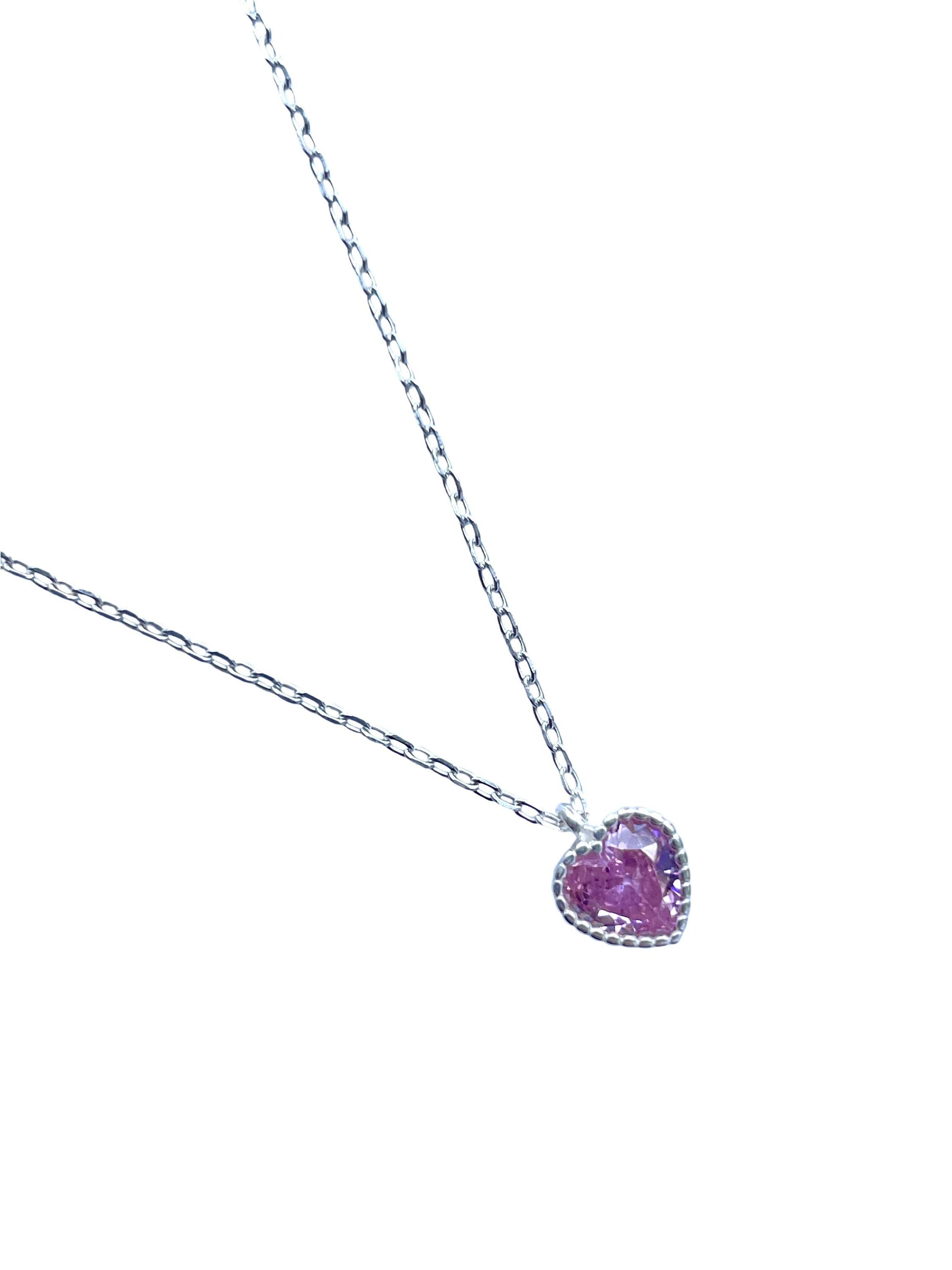 Cute Silver Heart Clavicle Necklace, Pink Heart Pendant Jewellery, Shiny Sparkling Love Necklace, Dainty Lovely Jewelry, 925 Sterling Silver